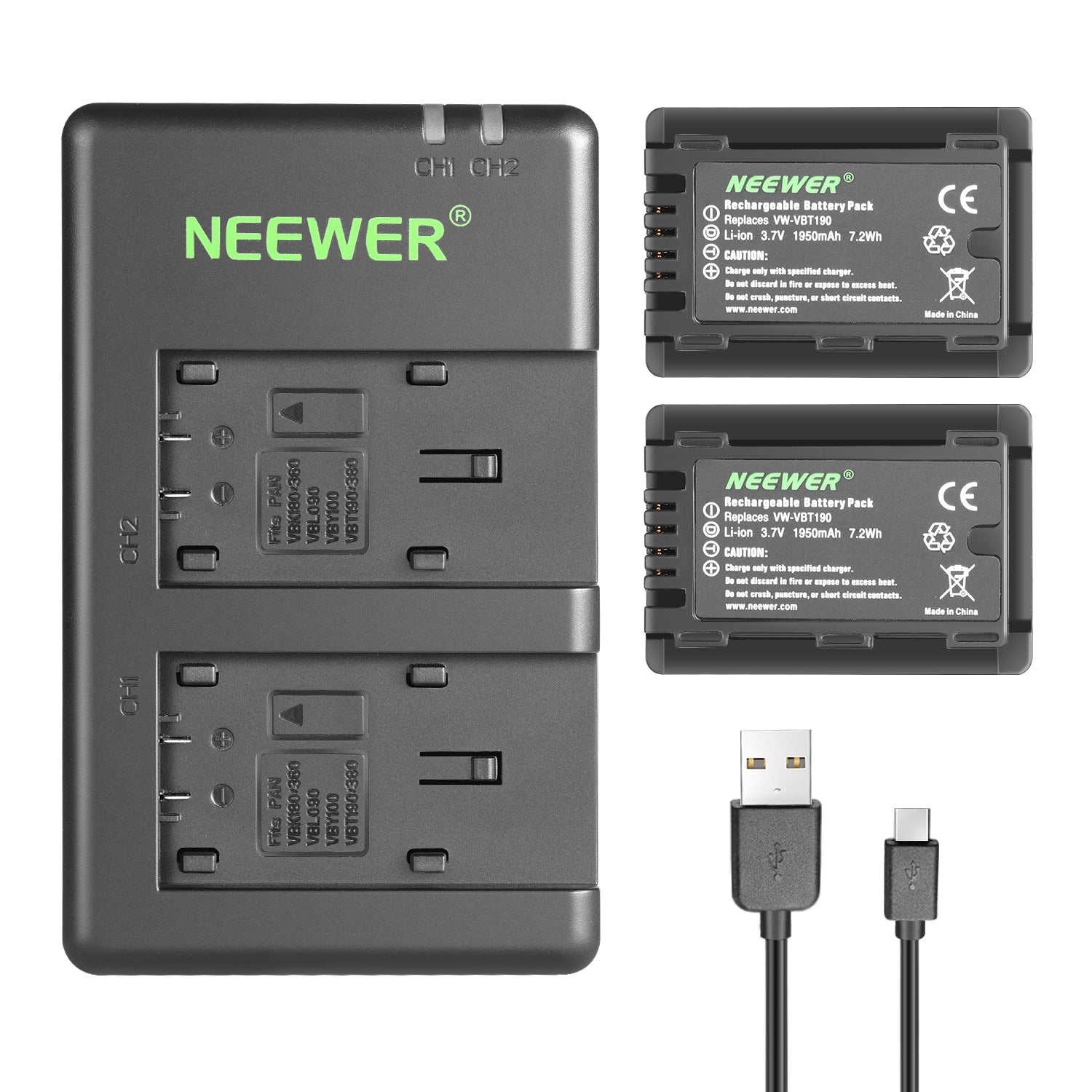 NEEWER 2 Pack Panasonic VW VBT190 Battery Charger Set with LCD Display - Fast Charging for Digital Cameras, Camcorders & Electronic Devices - Perfect for Travel, Photography & Professional Use