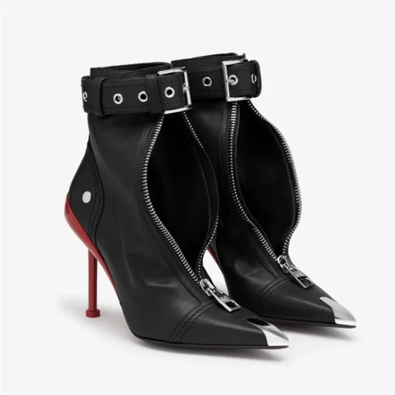 Women's Fashion Pointed Toe Ankle Boots with Belt Buckle & Front Zipper - Red High Heels for Autumn Winter - Stylish Metal Decorated Short Boots for Office, Party & Night Out