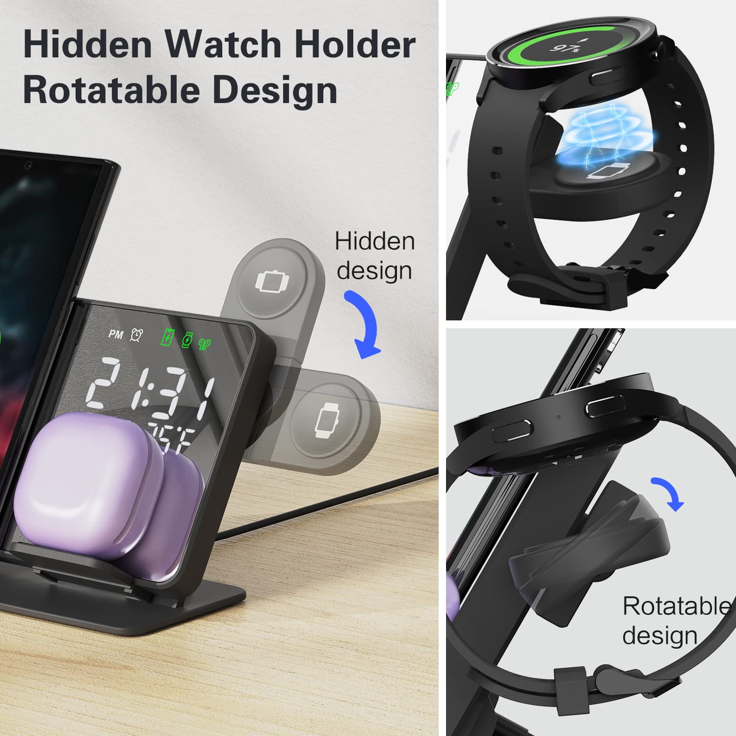 3-in-1 Wireless Charging Station for Samsung Galaxy Watch 6/5/5Pro & Galaxy S24/S23/A15/A55 Phones & Galaxy Buds - Fast Charging Stand with Digital Alarm Clock - Perfect for Bedside, Office Desk & Travel