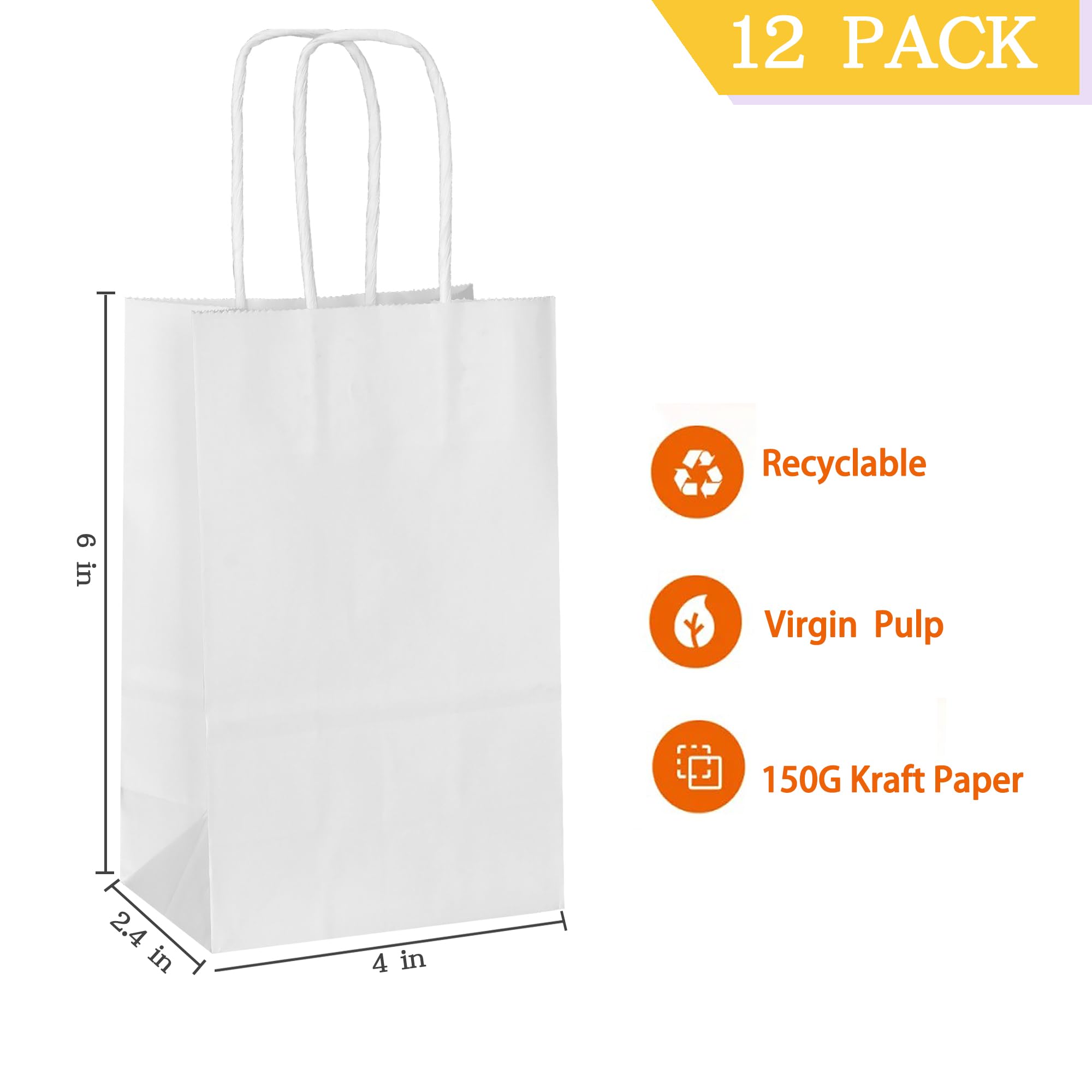 AZOWA Mini Kraft Paper Gift Bags with Handles - 4 x 2.4 x 6 Inches, White, 12 Pack - Perfect for Party Favors, Wedding Gifts, Birthday Treats & Small Business Packaging