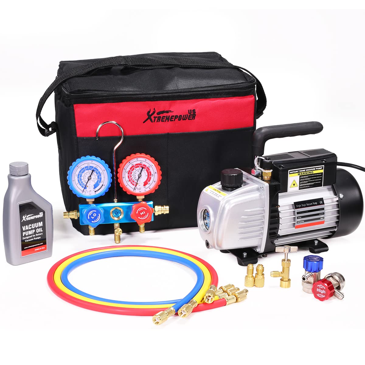 XtremepowerUS 3.5CFM 1/4HP HVAC Vacuum Pump - Professional AC Refrigeration Kit for R134a R12 R22 R410a - Includes Manifold Gauge Set & Carrying Tote - Perfect for Auto AC Repair & Home HVAC Maintenance