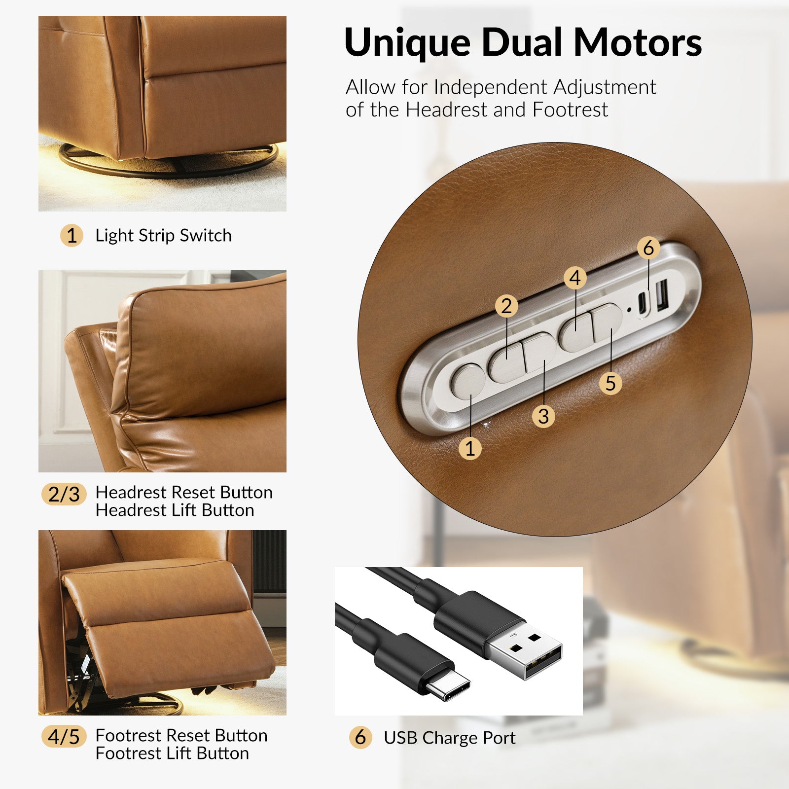 Modern Faux Leather Power Swivel Recliner Chair with USB Charging & Adjustable LED Reading Lamp - Perfect for Home Theater, Living Room & Office Relaxation