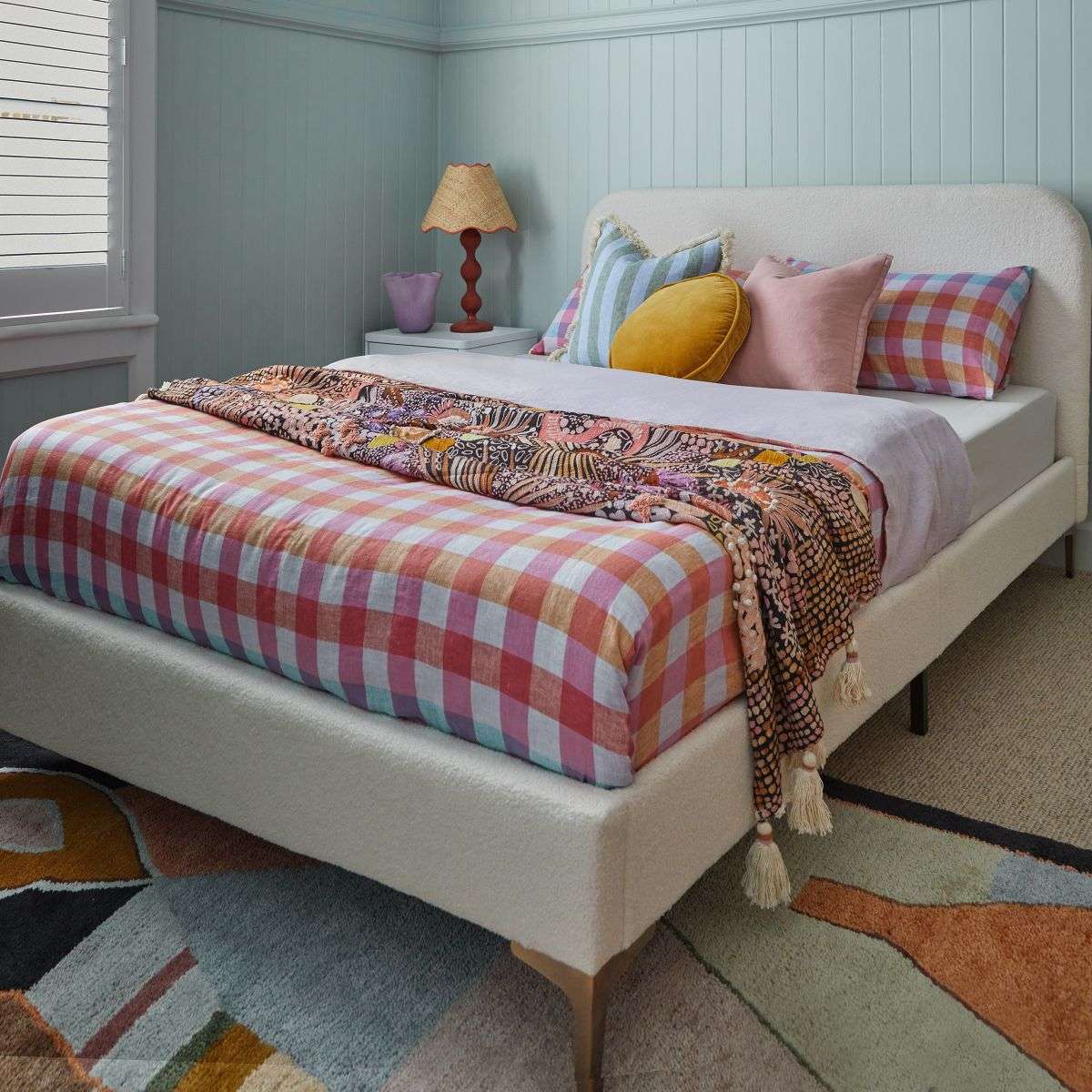 Riley Boucle Upholstered Queen Bed Frame - Cream Velvet Fabric Headboard - Modern Luxury Bedroom Furniture for Master Bed, Guest Room, or Apartment