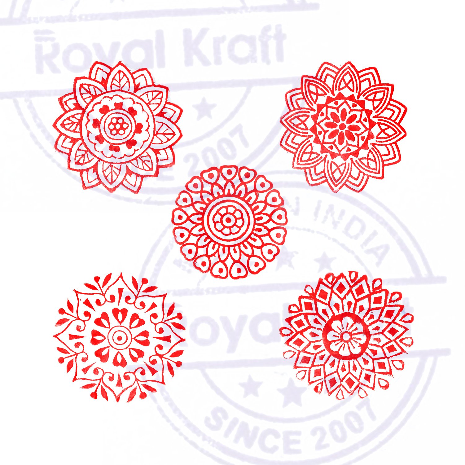 Mandala Wood Stamps Set of 5 - Block Printing for DIY Crafts & Fabric