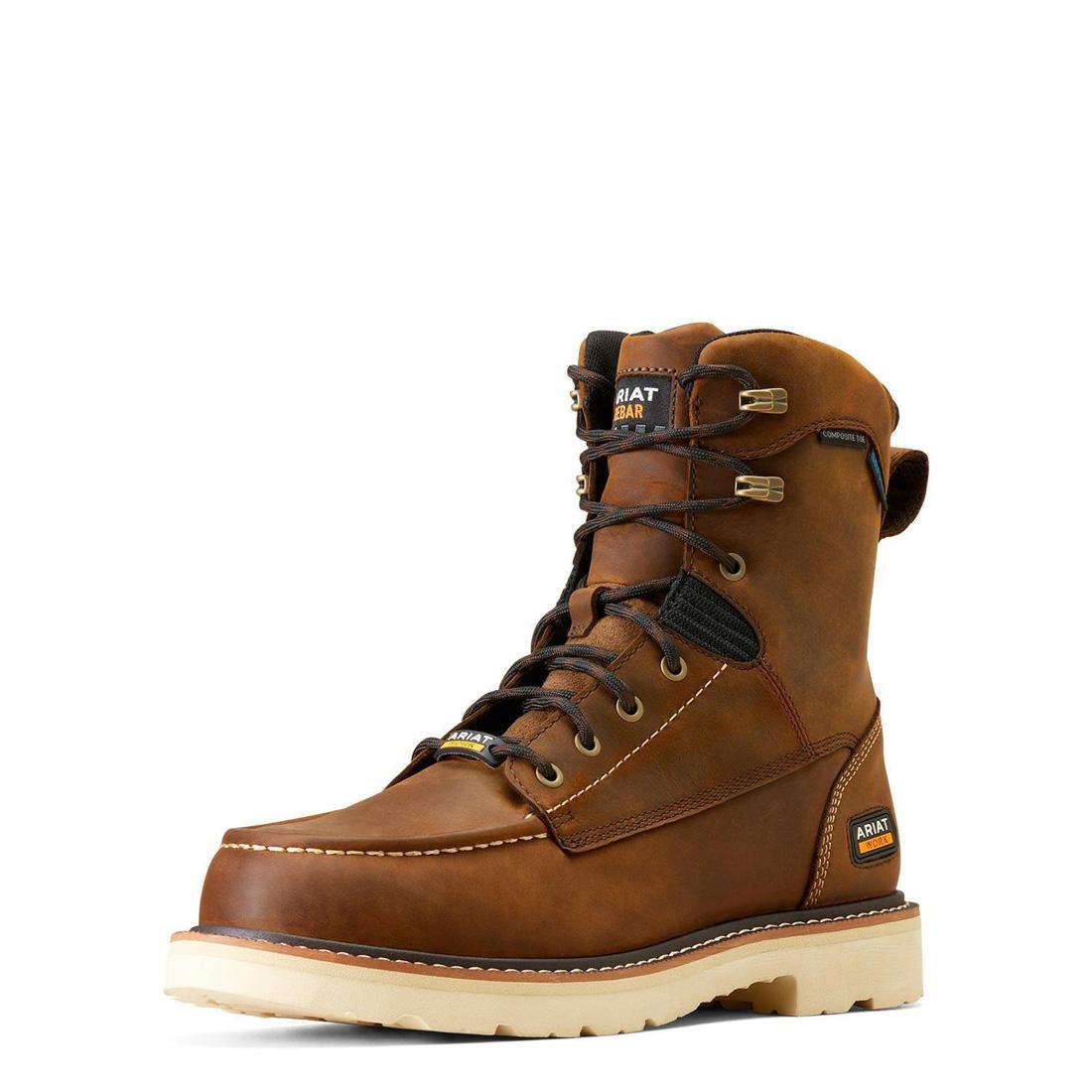 8 Inch Composite Toe Waterproof Work Boots for Men - Distressed Brown Safety Shoes with Rebar Lift - Ideal for Construction, Warehouse & Outdoor Work