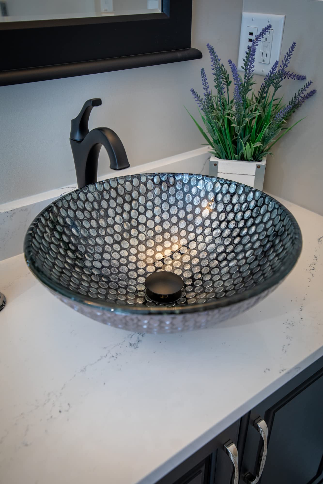 Modern Silver Dots Glass Vessel Bathroom Sink - Elegant Round Above Counter Basin for Vanity, Powder Room & Luxury Home Decor