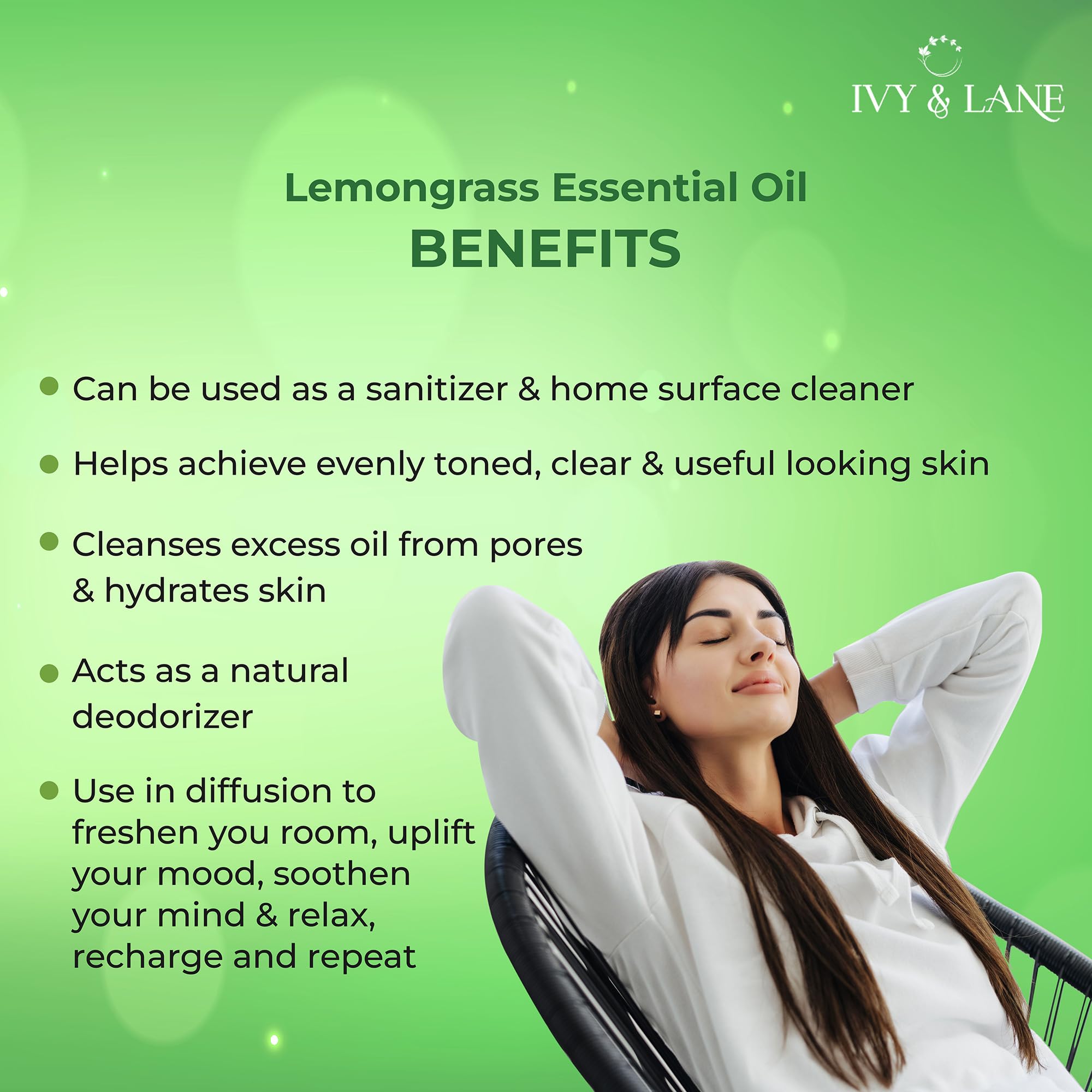 **Ivy & Lane 100% Pure Organic Lemongrass Essential Oil - Undiluted, Therapeutic Grade for Stress Relief, Headache Relief & Natural Insect Repellent - 15ml with Dropper - Perfect for Aromatherapy, Massage & DIY Skincare**