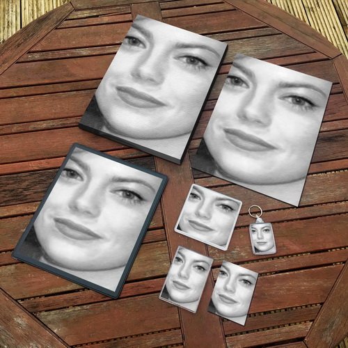 Emma Stone Original Art Gift Set - A4 Canvas, Print, Coaster, Fridge Magnet, Keyring, Mouse Mat & Sketch Card - Perfect for Fans, Home Decor & Office Gifts (JS002)