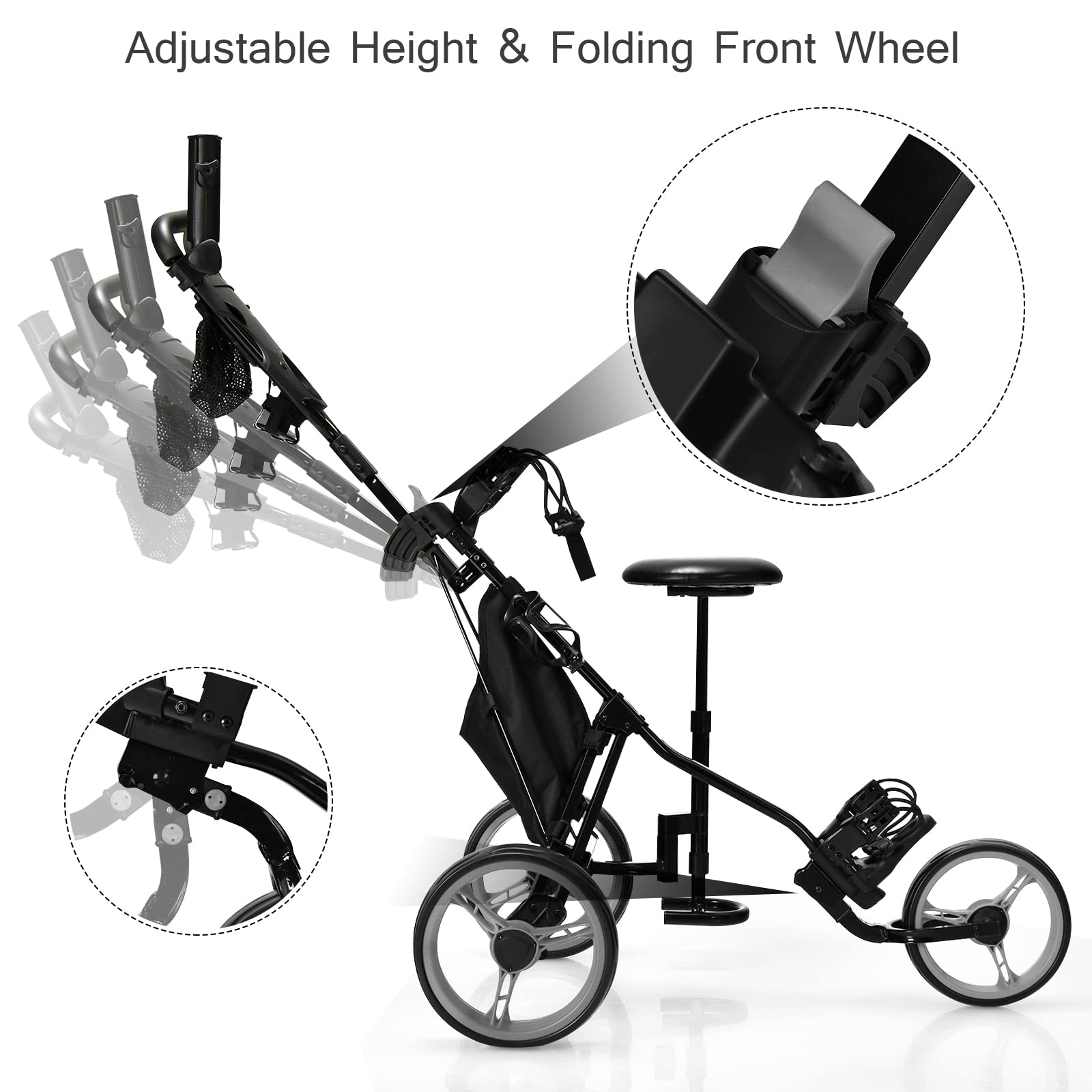 GYMAX Foldable 3-Wheel Golf Push Cart - Adjustable Height Lightweight Golf Trolley with Umbrella Holder, Hydraulic Seat, Storage Bag & Cup Holder | Perfect for Golf Courses, Driving Ranges & Outdoor Practice