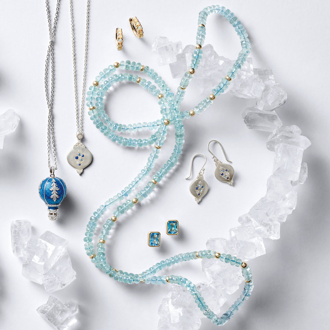 Exquisite Sapphire, Aquamarine & Diamond Cluster Pendant Earrings | Elegant Jewelry for Women | Perfect for Weddings, Parties & Special Occasions