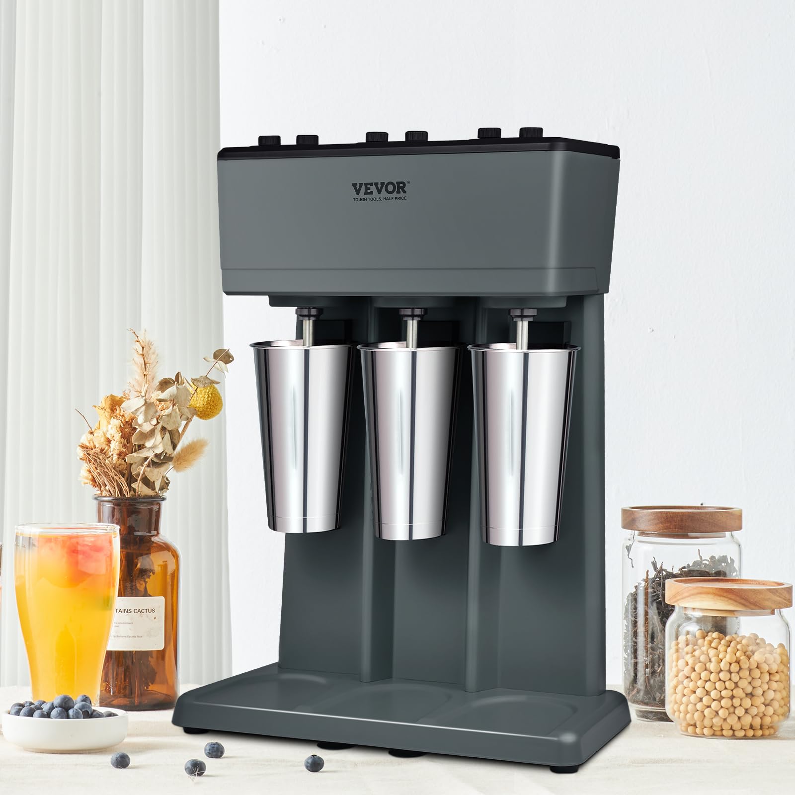 VEVOR 375W Commercial Triple Head Milkshake Maker - 3-Speed Electric Drink Mixer Blender with 3x820ml Stainless Steel Cups for Smoothies, Shakes & Frozen Drinks - Perfect for Restaurants, Cafes & Home Use