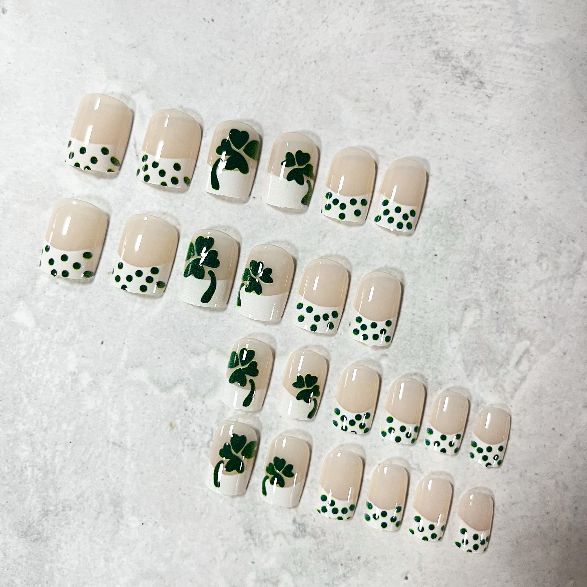 St. Patrick's Day Press on Nails - Short French Tip Fake Nails with Shamrock Designs | Green Acrylic Artificial Nails for Women & Girls | Perfect for St. Patrick's Day Parties, Nail Art Decorations & March 17th Celebrations