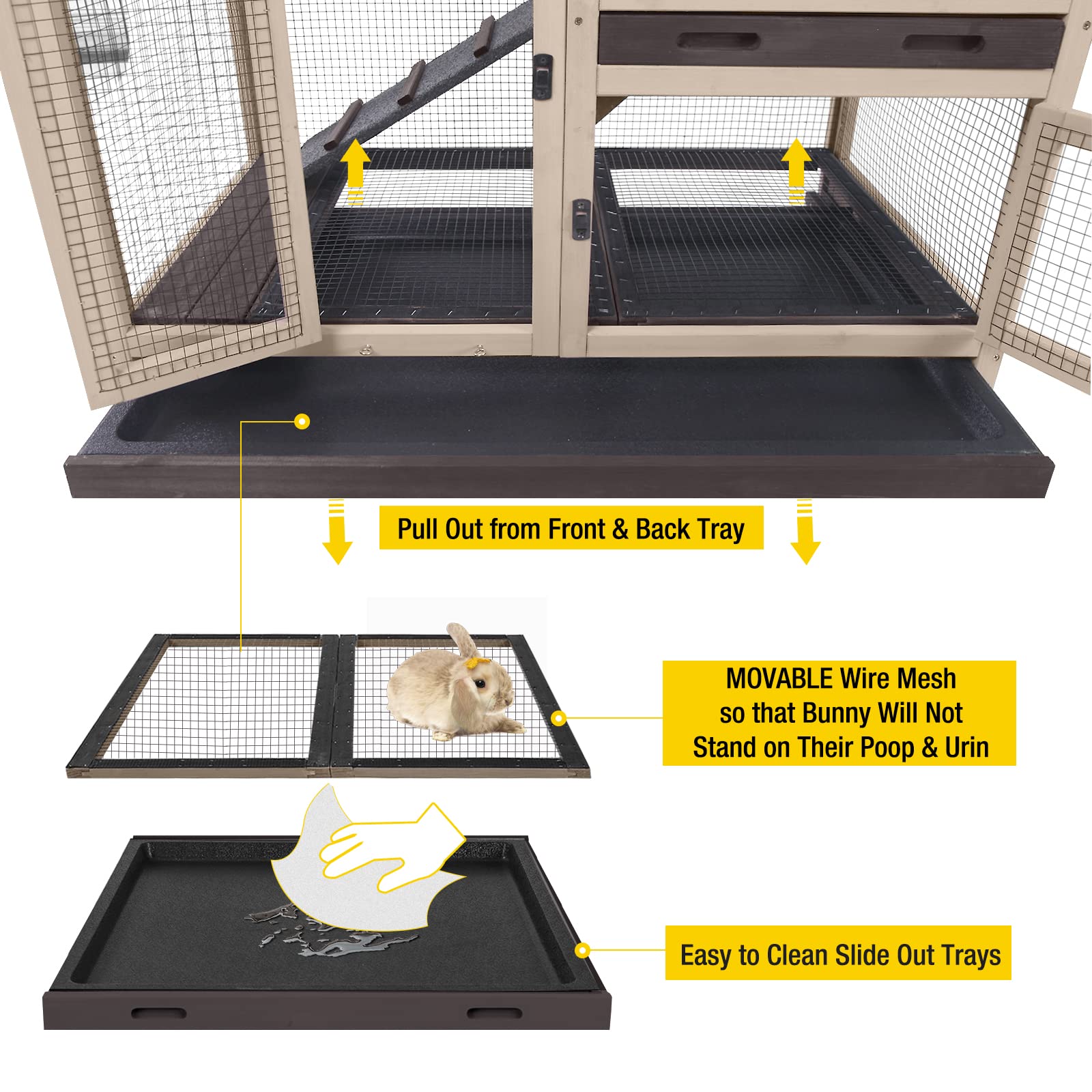 Aivituvin Upgraded Indoor Rabbit Cage with Run - 2 Deep No-Leak Trays & 4 Casters for Outdoor Use (Coffee Brown) - Perfect for Bunny Playtime and Secure Indoor/Outdoor Pet Housing