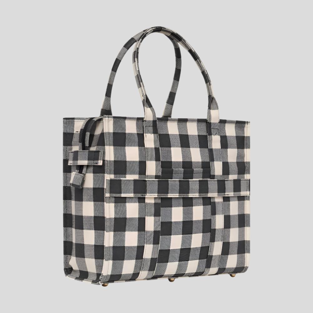 Large Bon Vivant Structured Tote Bag - Black Gingham Checkered Pattern - Perfect for Work, Travel & Shopping