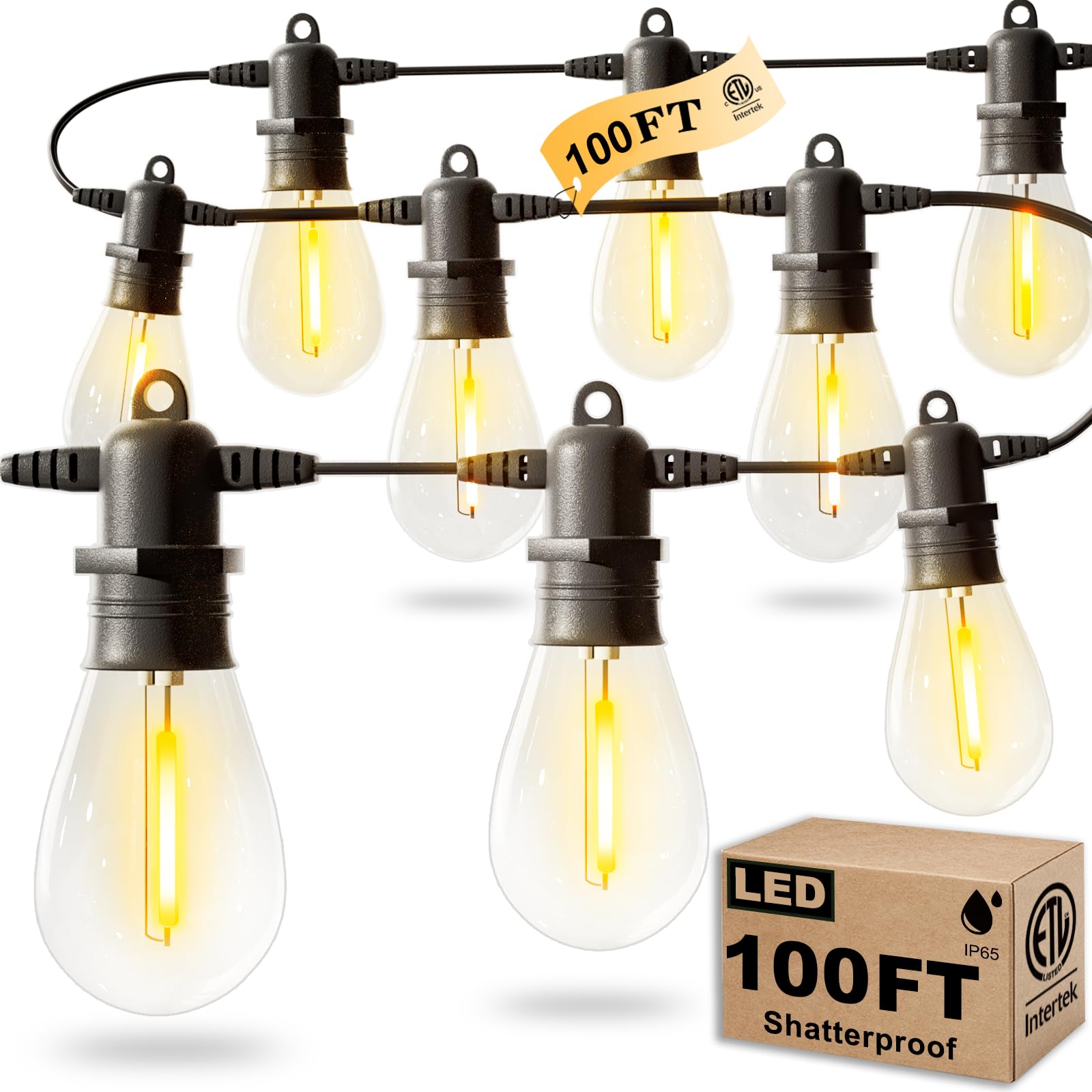 100FT LED Outdoor String Lights with 30 Shatterproof Edison Bulbs - IP65 Waterproof, 2700K Warm White Dimmable - Commercial Grade Patio Lights for Garden, Porch, Deck, Backyard, Wedding & Party Decorations