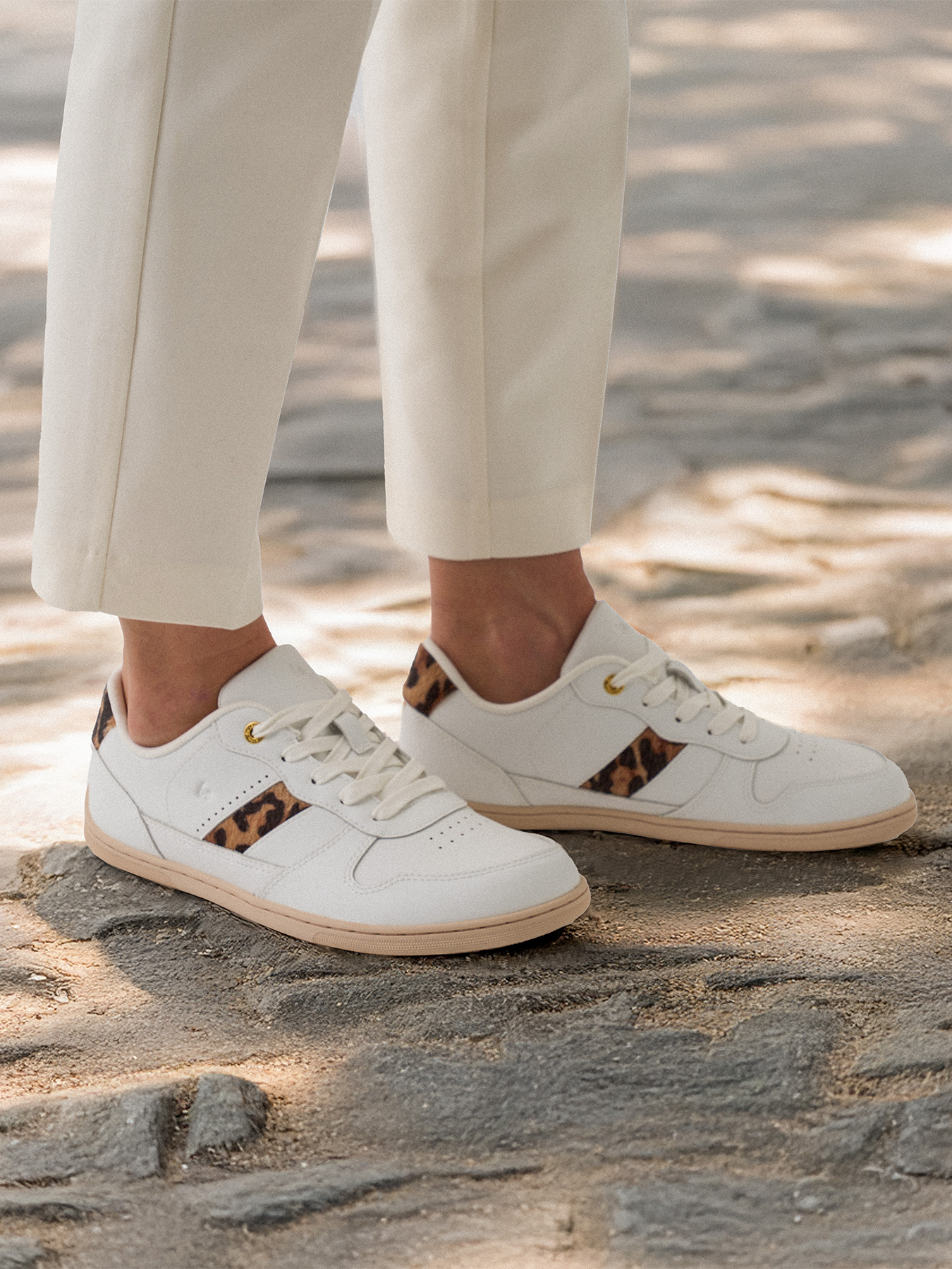 Barefoot Sneakers for Women - Be Lenka Cellestia Minimalist Shoes in White & Leopard Print | Comfortable Zero Drop Footwear for Running, Walking & Everyday Wear