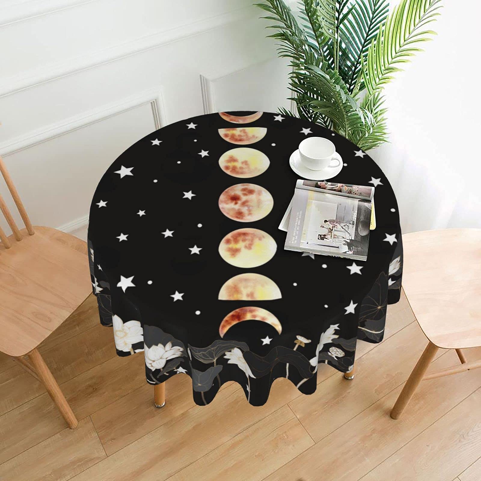 FREEHOTU Moon Phase Starry Night Round Tablecloth - 60 Inch Thickened Washable Table Cover for Kitchen, Dining, Party & Home Decor | Perfect for Daily Use, Indoor/Outdoor Gatherings & Special Occasions