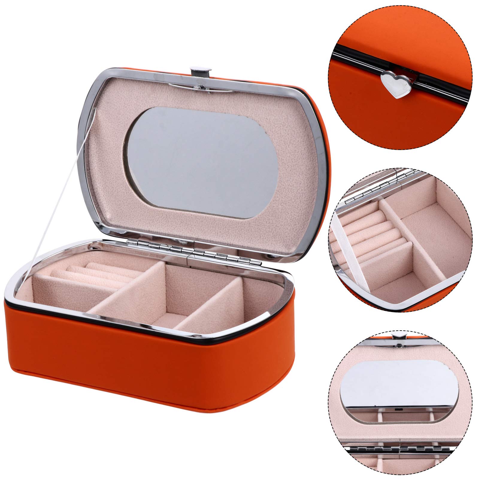 Portable Leather Jewelry Box with Mirror - Mini Travel Jewelry Organizer for Rings, Bracelets, Necklaces & Earrings | Orange Trinket Storage Case for Women, Perfect for Travel, Home & Gift Giving