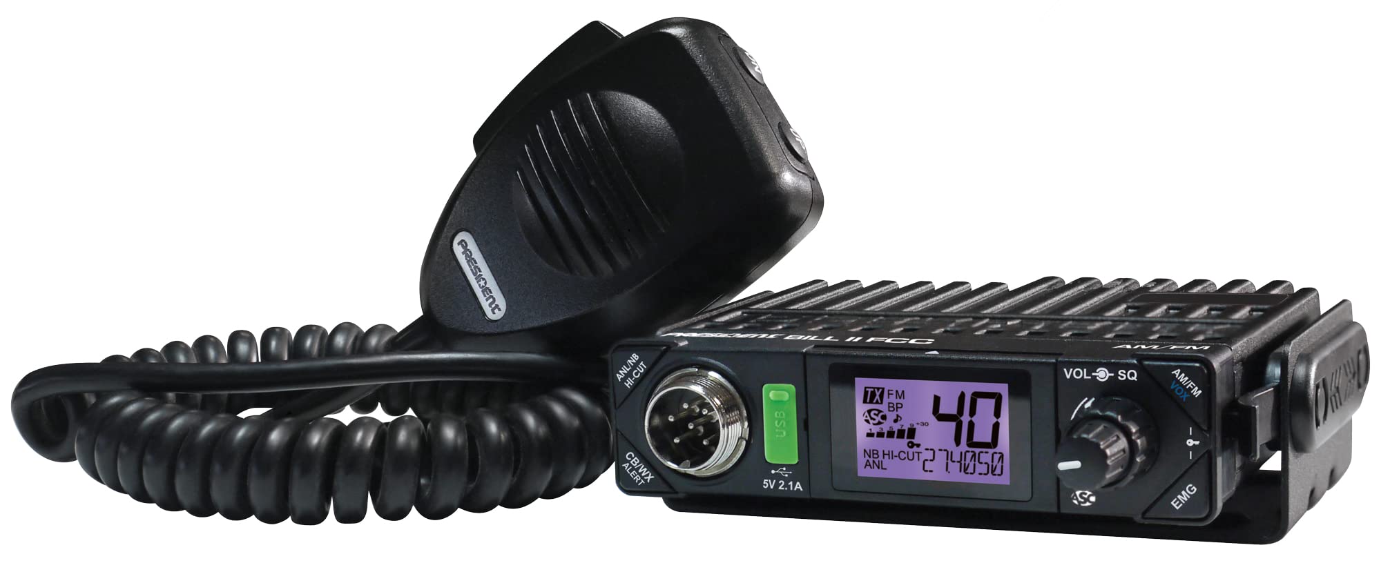 President Electronics BILL CB Radio - 40 Channel AM/SSB, 12V Power, USB 5V/2.1A Charging, LCD Display with S-Meter - for Truckers, Off-Roading & Emergency Communication