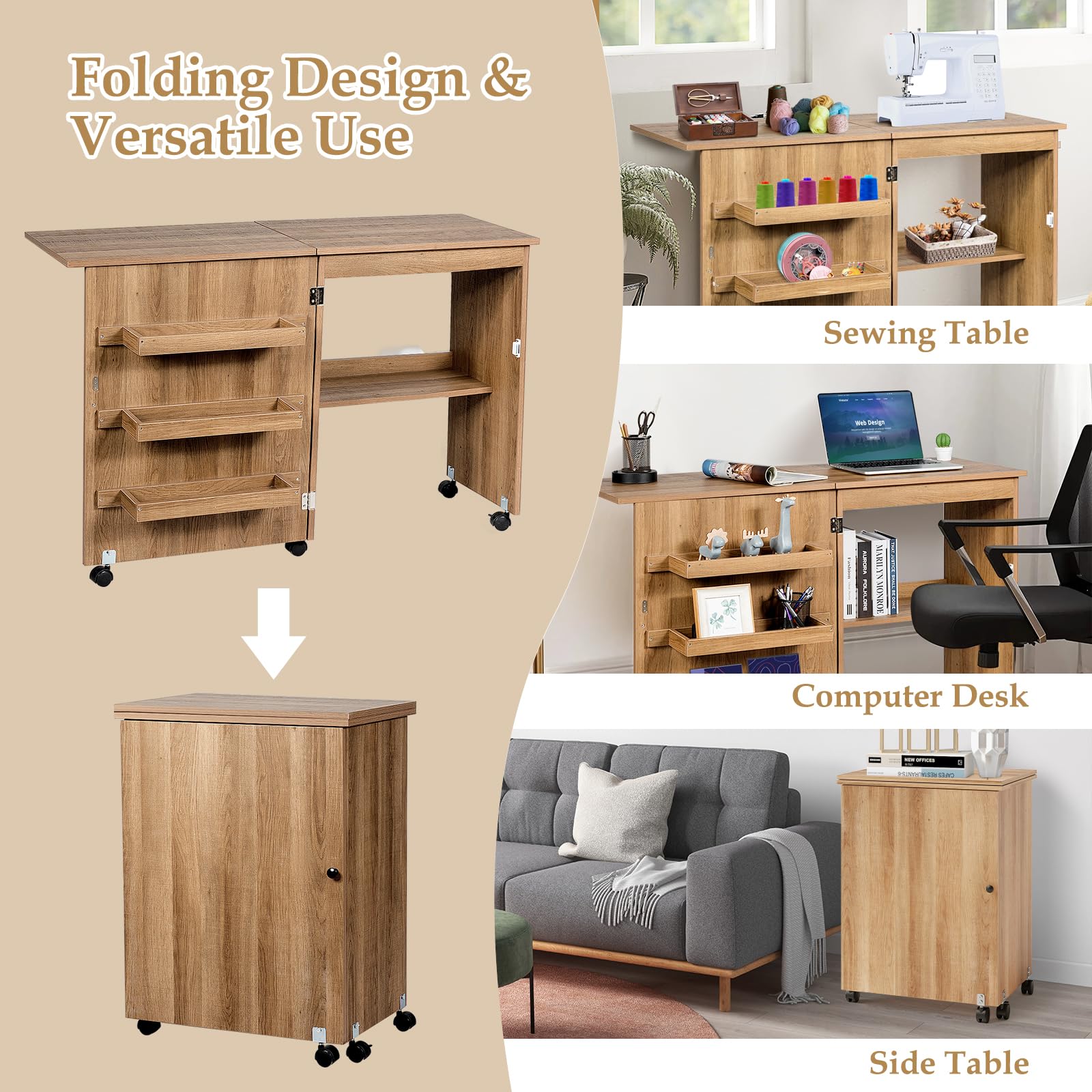 COSTWAY Folding Sewing Table with Lockable Wheels - Multipurpose Craft Station Desk & Display Cabinet with Storage Shelves - Rolling Sewing Machine Table for Home, Apartment (Natural Finish) | Perfect for Quilting, DIY Projects & Small Space Organization