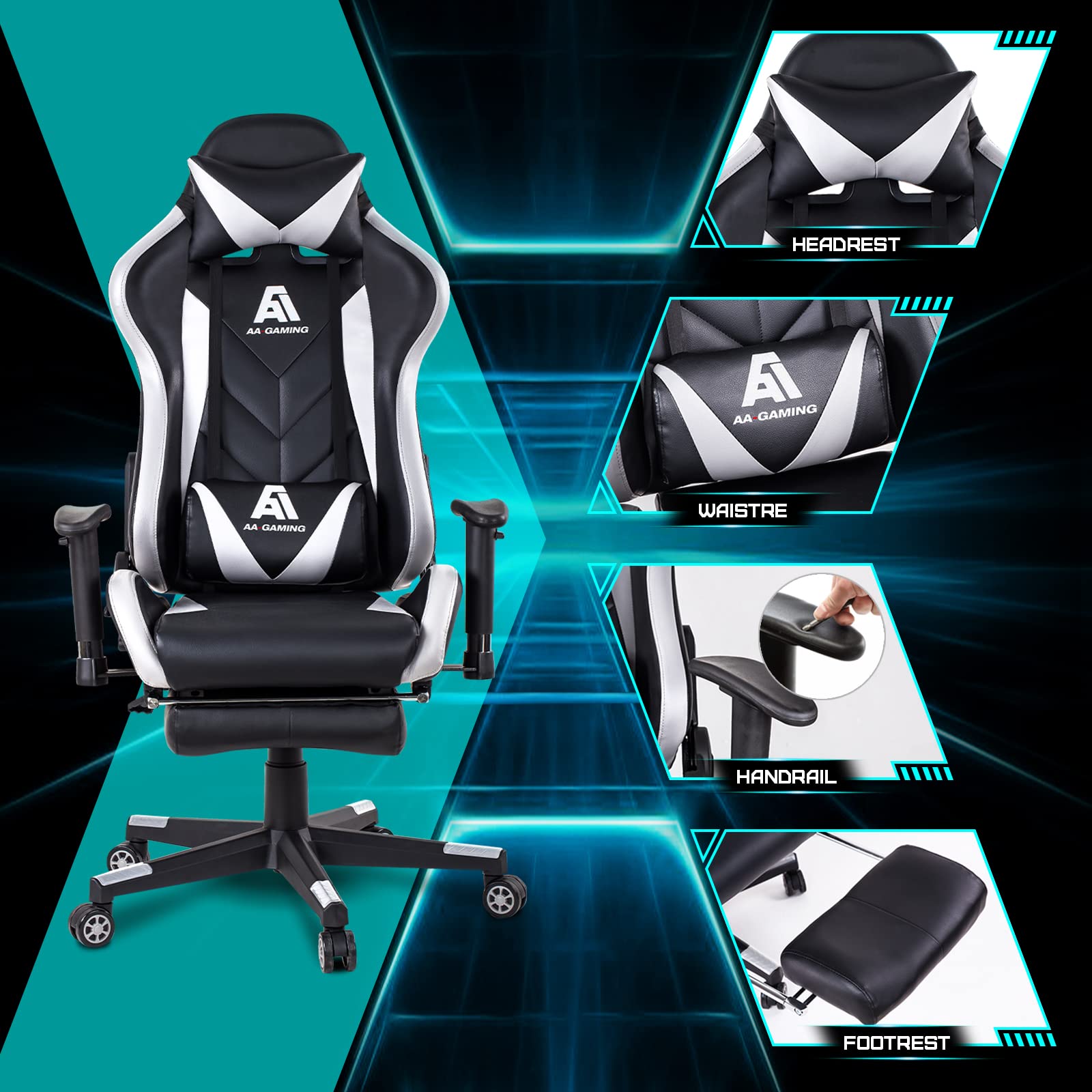 AA Products Ergonomic Gaming Chair - High Back Racing Office Chair with Adjustable Height, Lumbar Support & Footrest - White - Perfect for PC Gaming, Work from Home & Esports