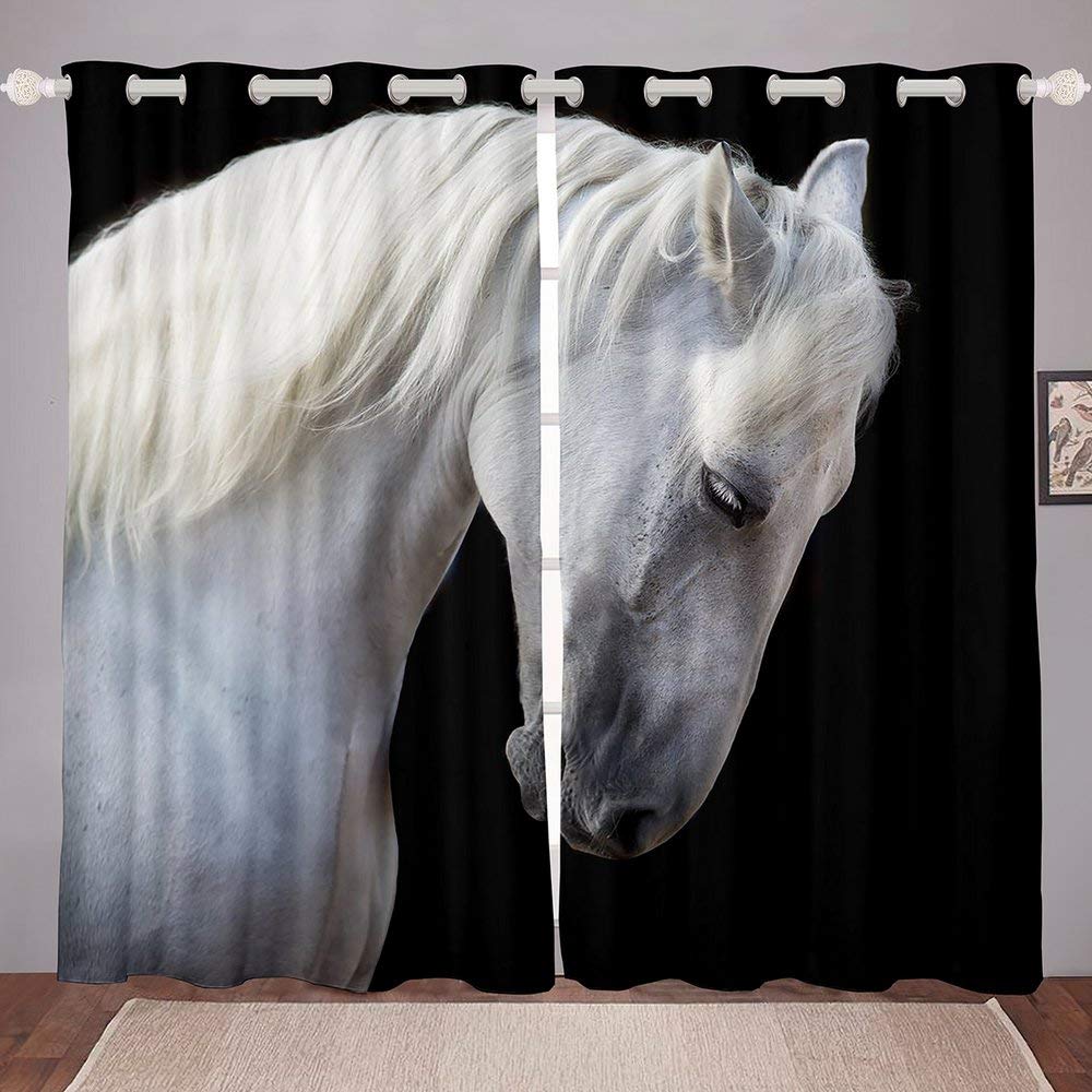 3D White Horse Curtains - Kids & Adult Animal Theme Window Drapes for Bedroom Decor