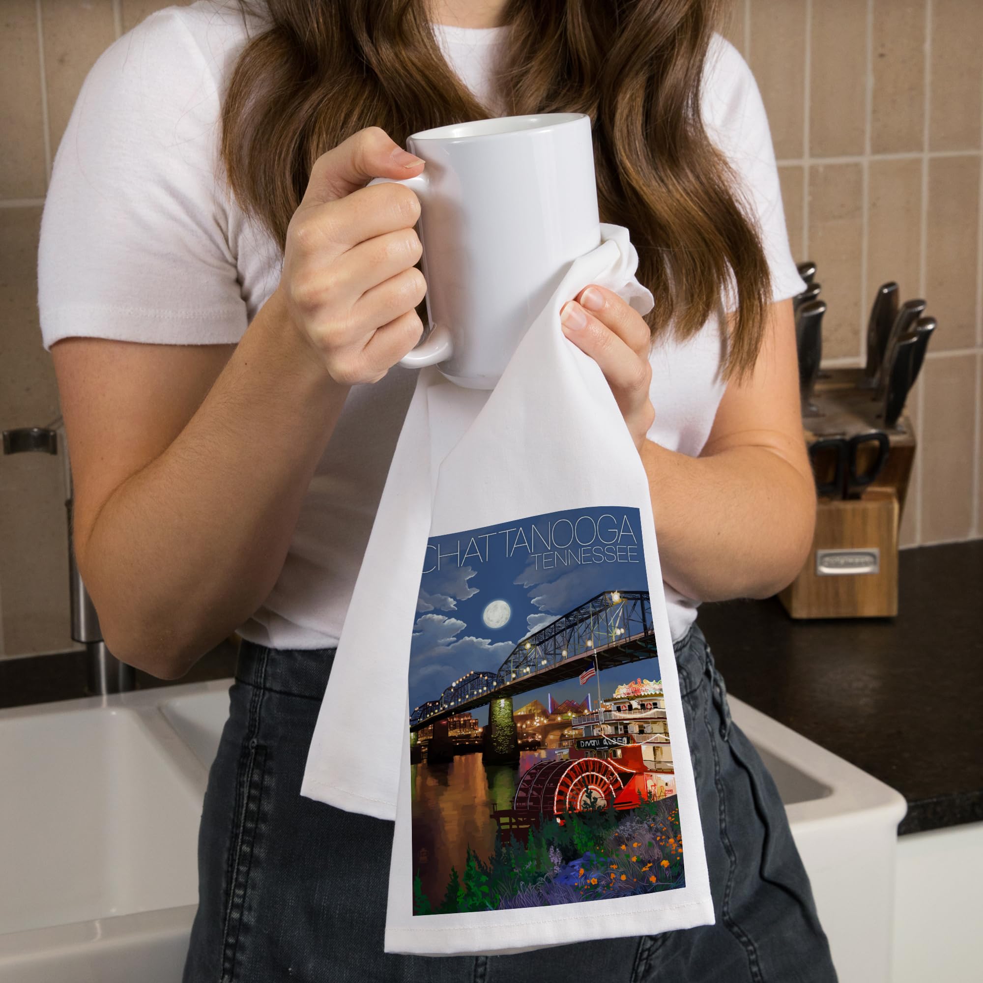 Lantern Press Chattanooga Tennessee Skyline at Night - 100% Cotton Tea Towel, Decorative Hand Towel for Kitchen & Home - Perfect for Dish Drying, Wall Decor & Gift Giving