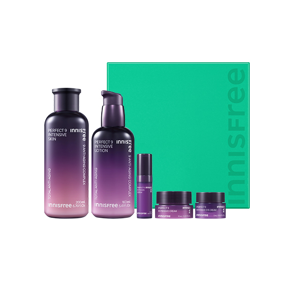Innisfree Perfect 9 Intensive Skincare Set - Hydrating Anti-Aging Face Care Kit with 9 Essential Steps | Korean Beauty Routine for Glowing Skin | Perfect for Daily Skincare & Nighttime Regimen
