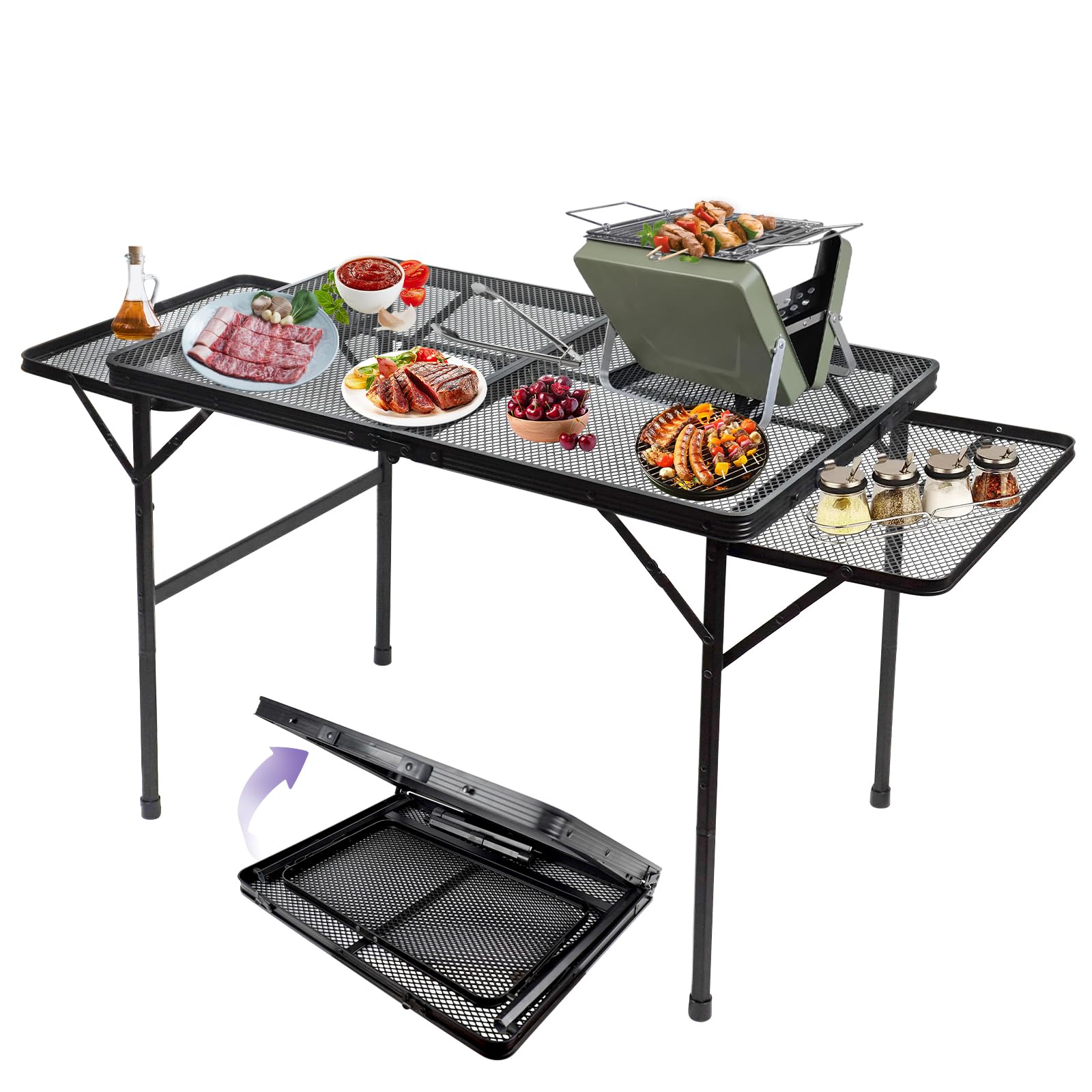 BRIAN & DANY 3x2 FT Folding Camping Table with 2 Wing Panels - Adjustable Height Portable Picnic & Grill Table for Outdoor, Backyard, BBQ, Tailgating - Lightweight Metal Foldable Table (Black)