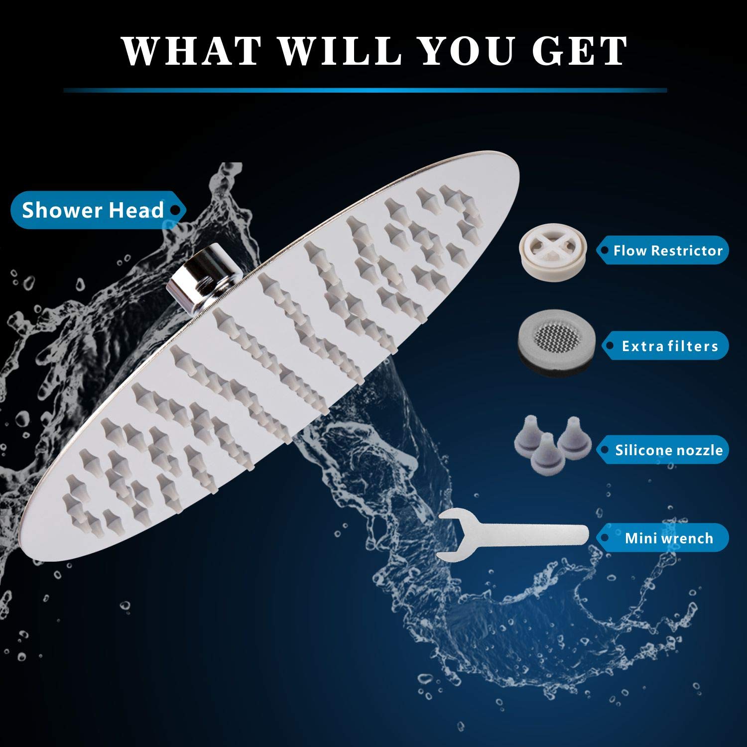 Voolan 8 Inch Rainfall Shower Head with 6 Inch Shower Arm - High Pressure Stainless Steel Showerhead for Strong Water Flow - Chrome Finish for Bathroom & Spa Relaxation - Perfect for Low Water Pressure Homes & Luxury Showers