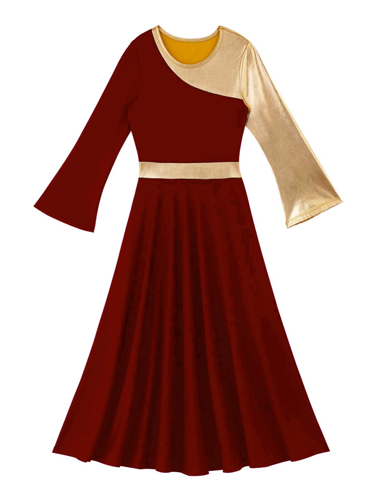 Girl's Metallic Gold Color Block Praise Dance Dress - Christian Worship Lyrical Dancewear Tunic for Performances & Church Events