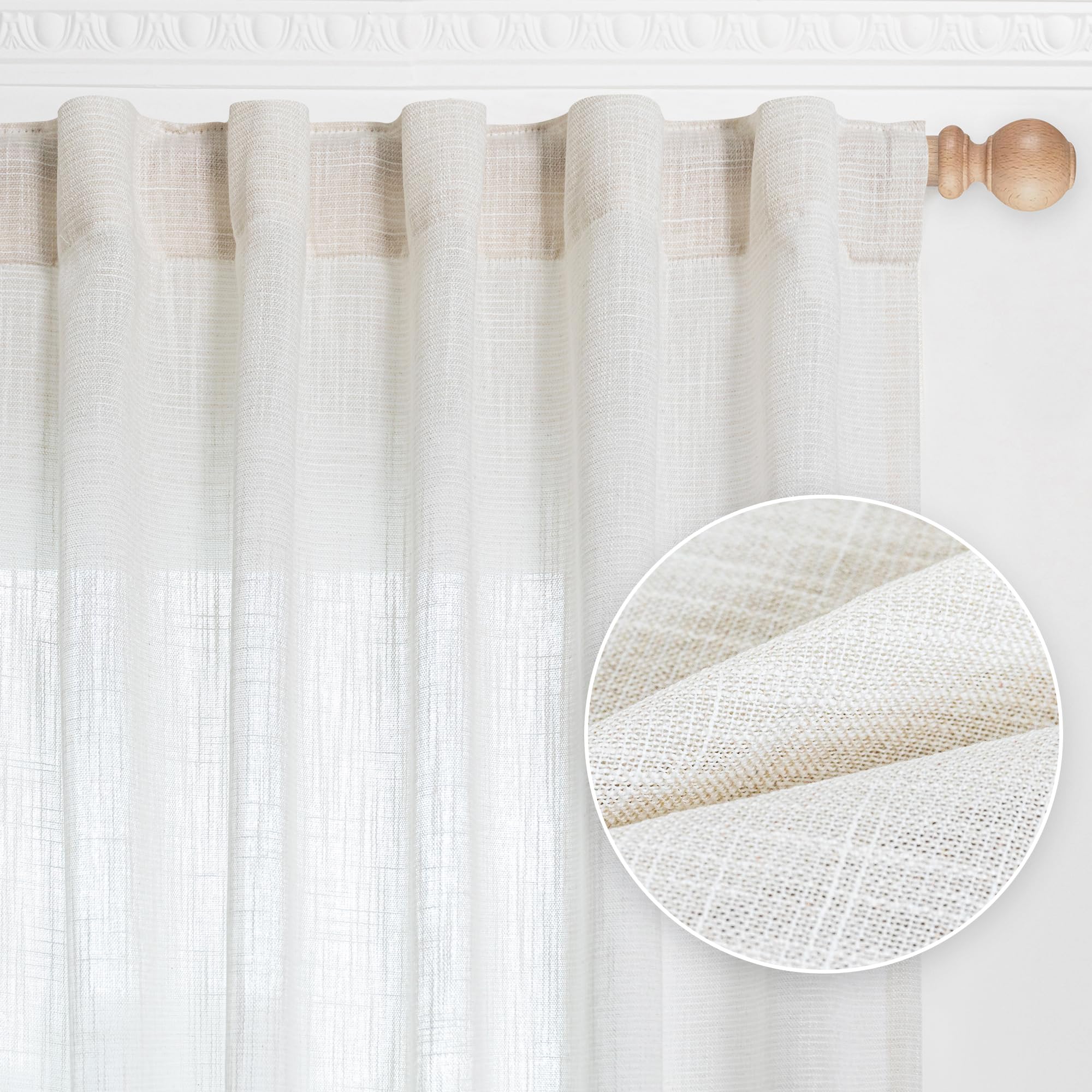 MYSKY HOME 50x54 Inch Light Filtering Sheer Curtains for Small Windows - 2 Panels Set, Natural Color, Boho Country Style Drapes for Bedroom, Kitchen, Bathroom - Perfect for Privacy & Soft Sunlight Filtering