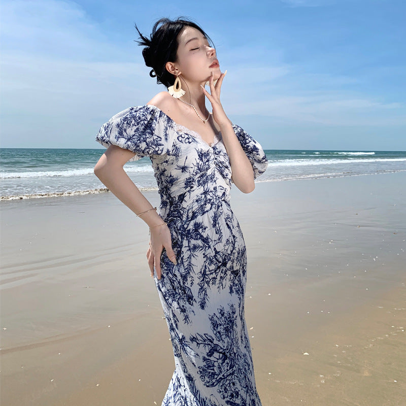 French Square Neck Puff Sleeve Off Shoulder Long Dress - Elegant Summer Midi Dress for Women, Perfect for Beach Vacation, Wedding Guest & Date Night Outfits