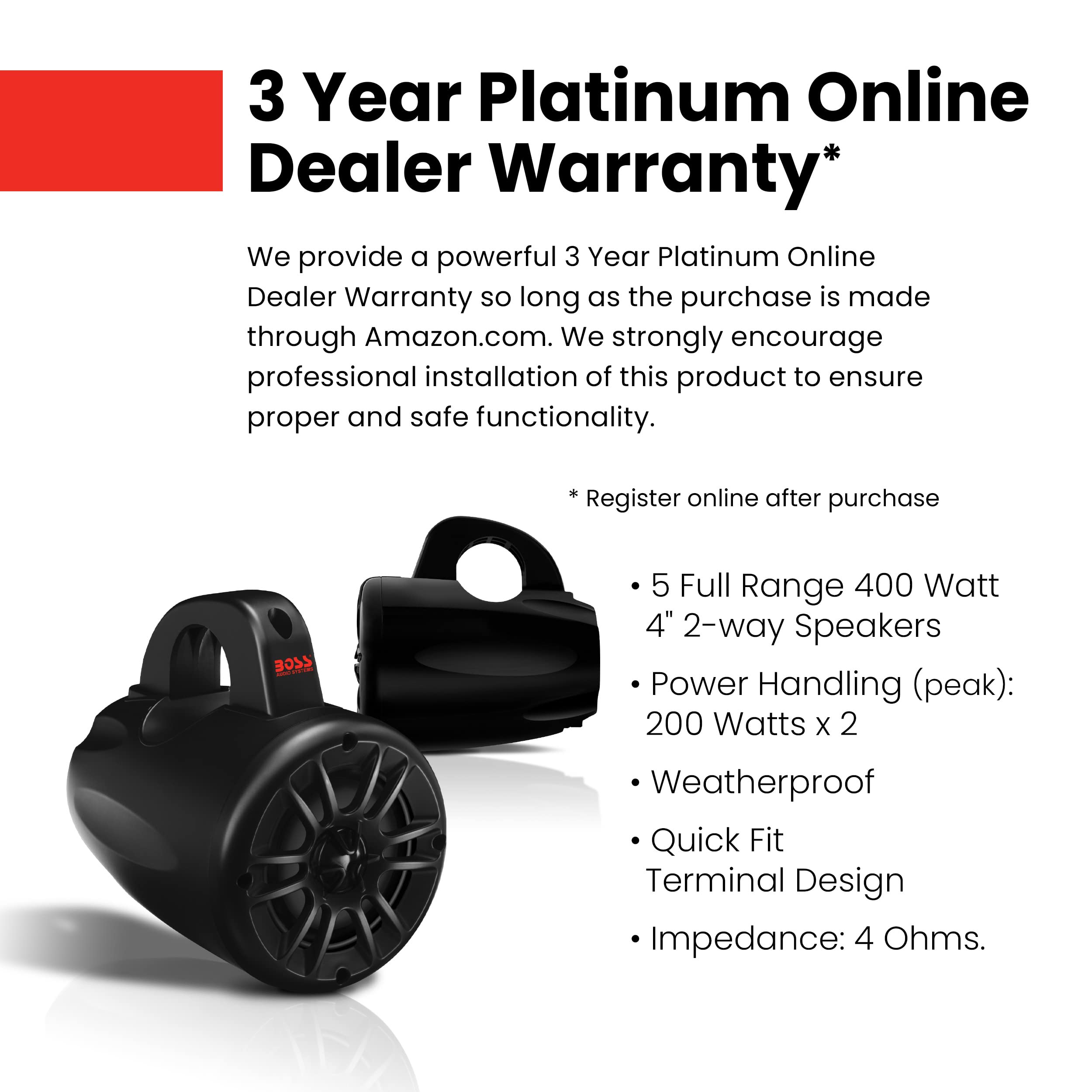 BOSS Audio Systems MRWT40 4-Inch Marine & ATV/UTV Weatherproof Waketower Speakers - IPX5 Rated, Full Range 2-Way Stereo with Tweeters (Sold in Pairs) | Perfect for Boats, Wakeboard Towers, and Off-Road Vehicles