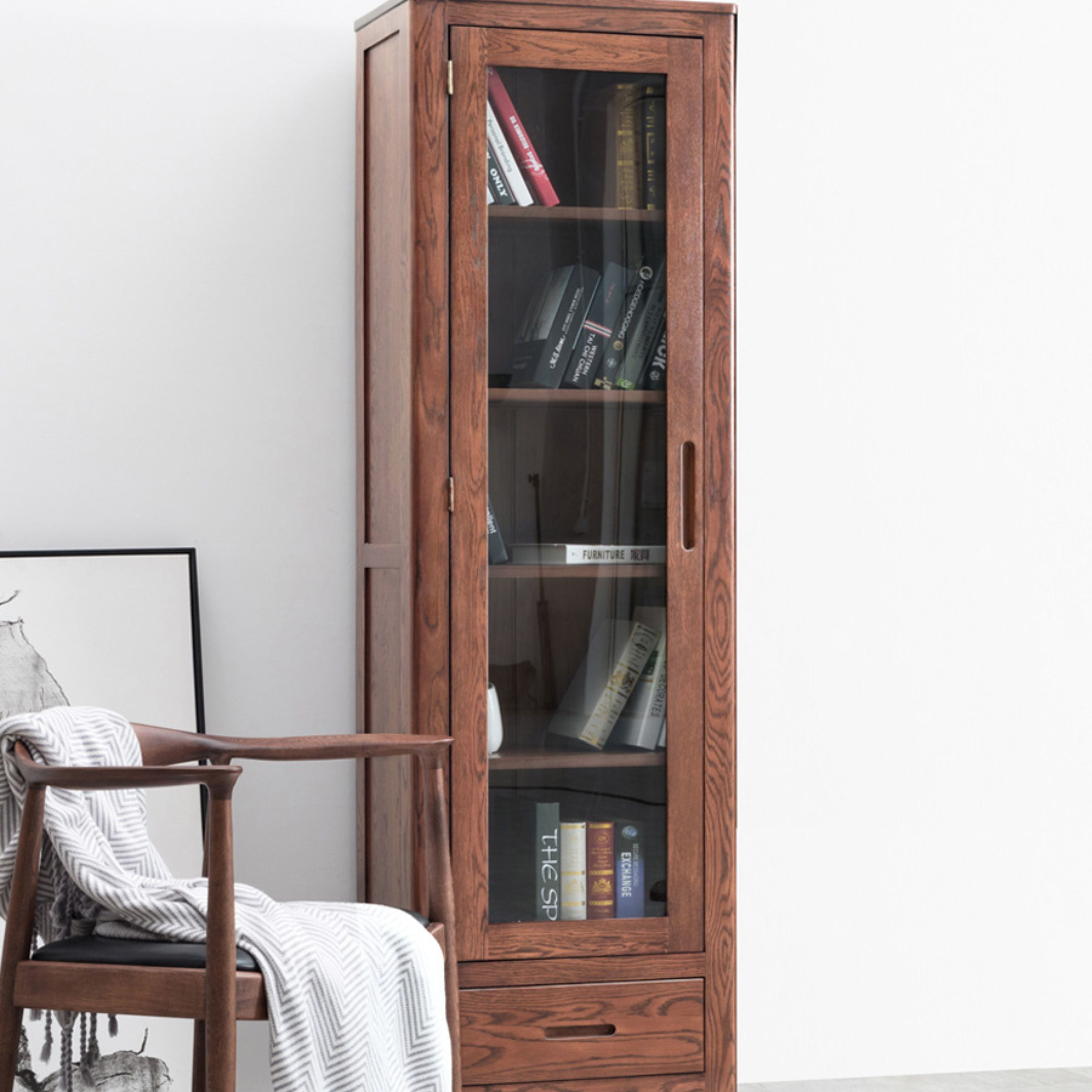 Oak Solid Wood Nordic Bookcase with Glass Door - Modern Bookshelf for Living Room, Office & Study - Perfect for Home Decor & Storage