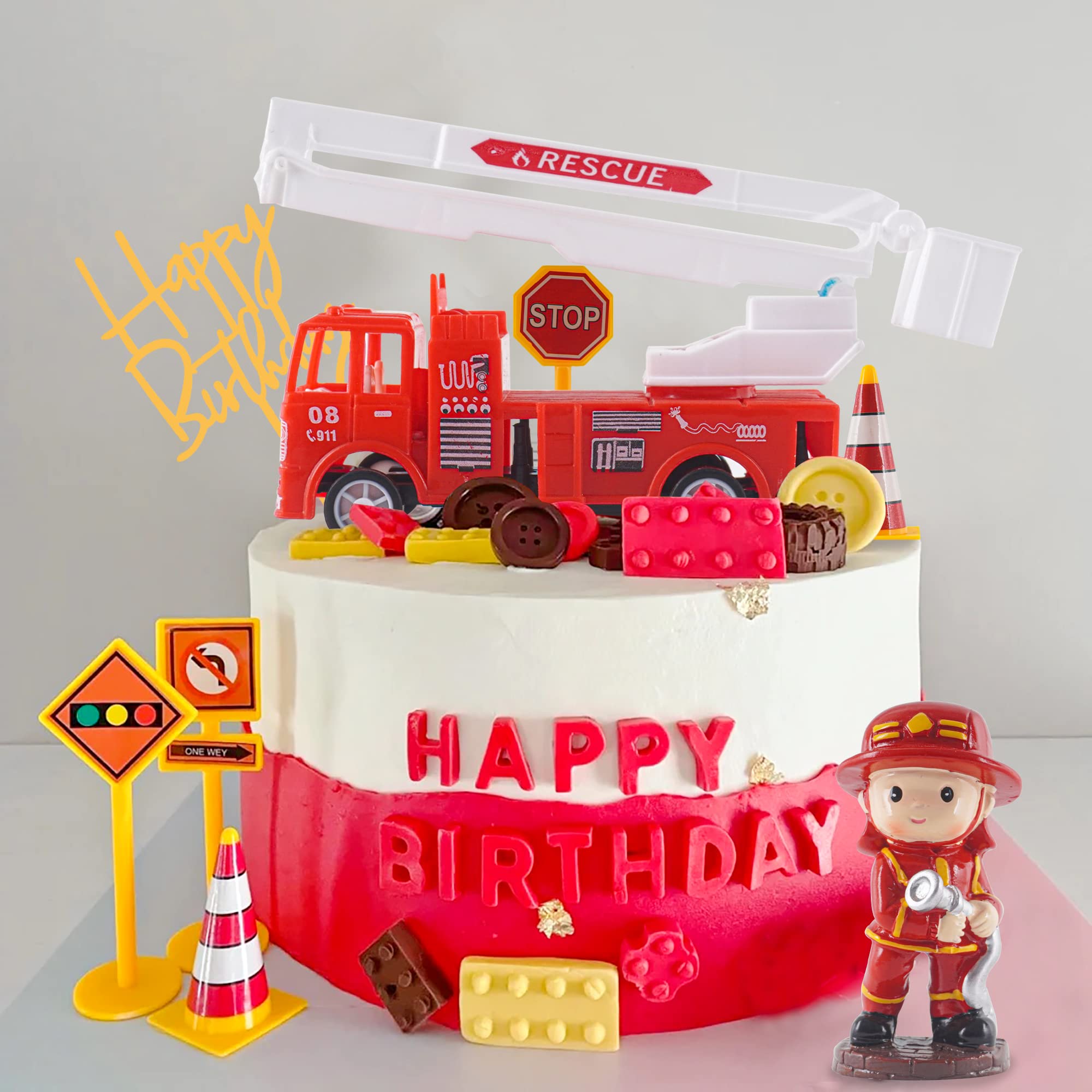 Fire Truck Cake Topper Set - 10PCS Firefighter Themed Birthday Cake Decorations for Baby Shower, Fireman Party & Happy Birthday Celebrations - Perfect for Firefighter Theme Cakes, Cupcakes and Dessert Tables