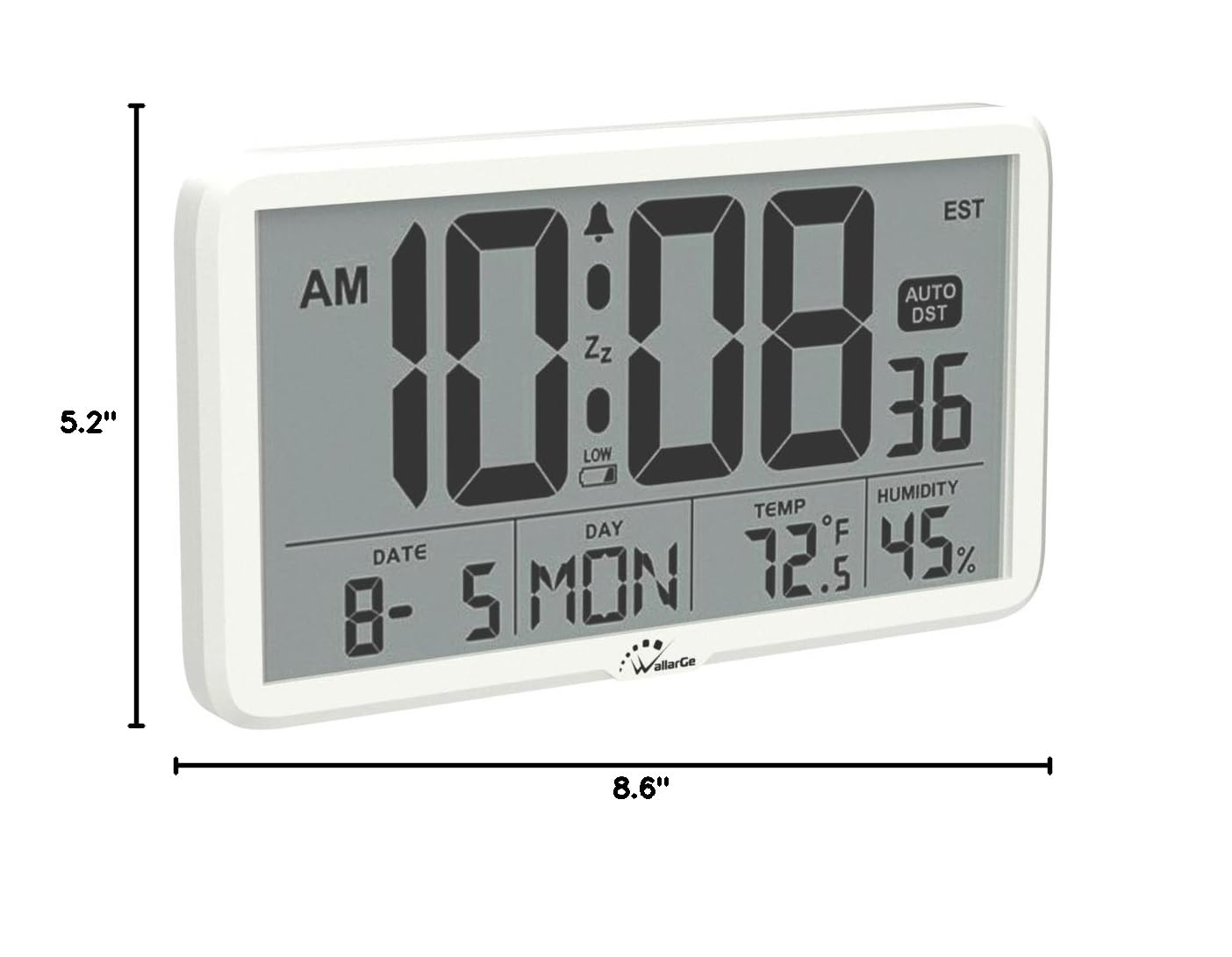WallarGe Auto Set Digital Wall Clock with Temperature & Humidity - Large Display Battery Operated Desk Clock with Date, 8 Time Zones & Auto DST - Perfect for Elderly, Bedroom, Office & Home Use