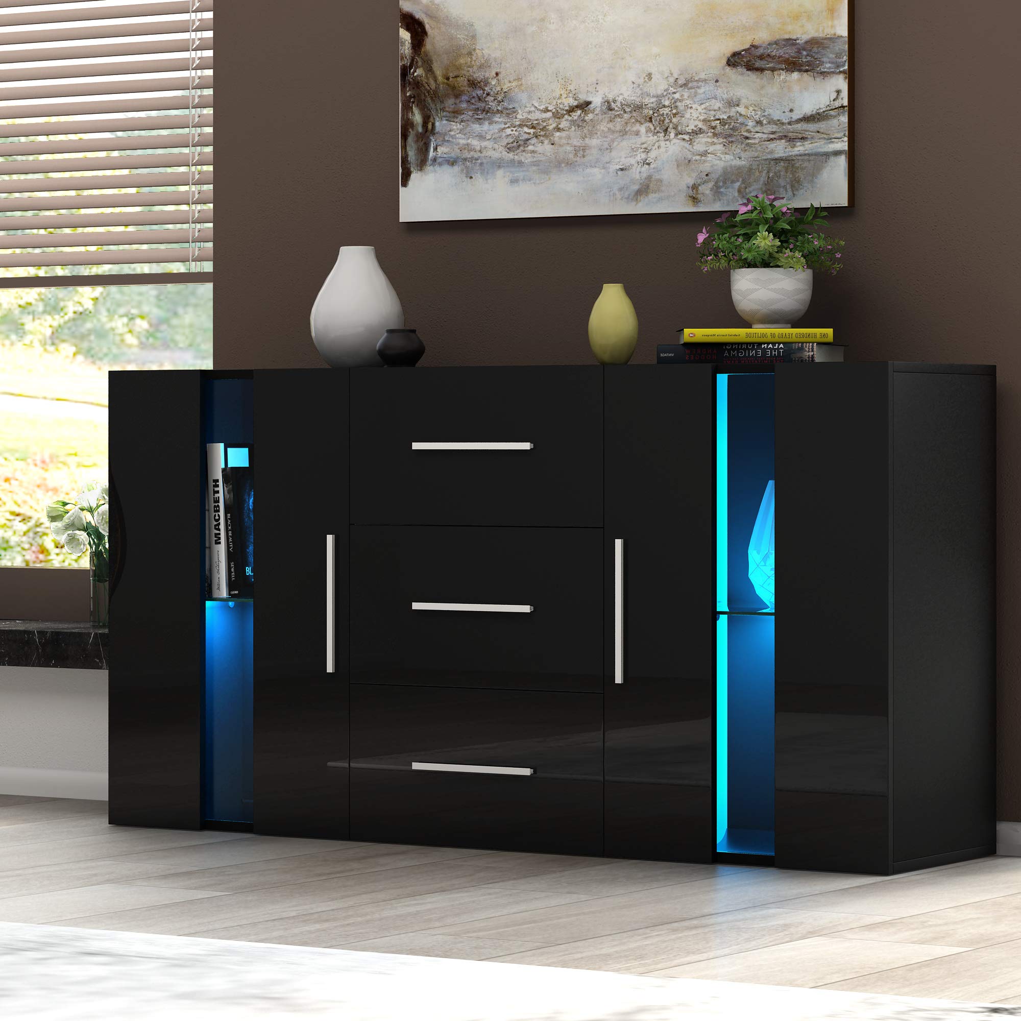 Modern Sideboard with High Gloss Front & RGB LED Lights - Storage Cabinet with Drawers & Doors for Living Room, Hallway - Black (Perfect for Home Decor & Entertainment Setup)