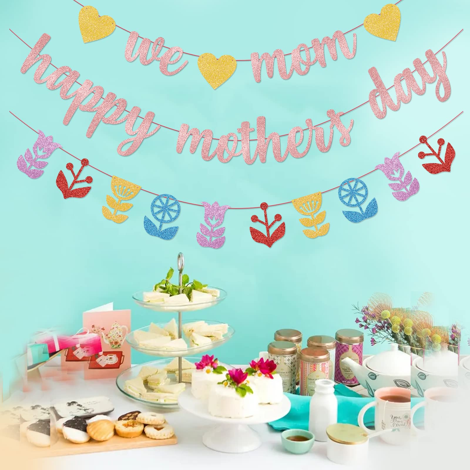 Rose Gold Happy Mother's Day Banner - Large We Love Mom Sign for Mother's Day Party Decorations, Home & Office Celebration Supplies - Perfect for Wall Decor, Photo Backdrops & Family Gatherings