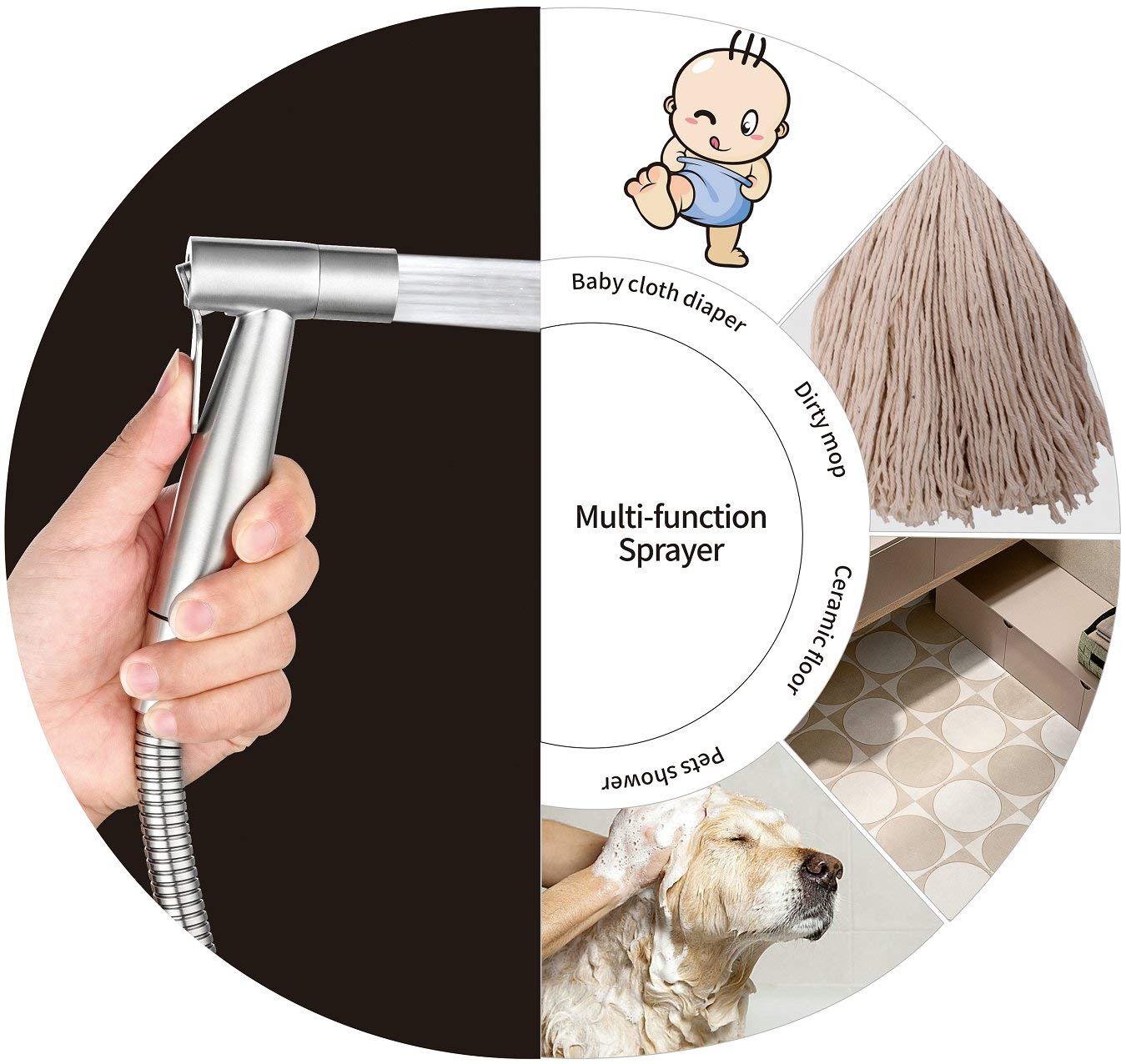 VENETIO Handheld Bidet Sprayer for Toilet - 304 Stainless Steel with Anti-Leak Hose, Wall or Toilet Mount | Perfect for Baby Diaper Cleaning, Shattaf Spray, Pet Bathing & Personal Hygiene | Ideal for Bathroom, Nursery & Pet Care