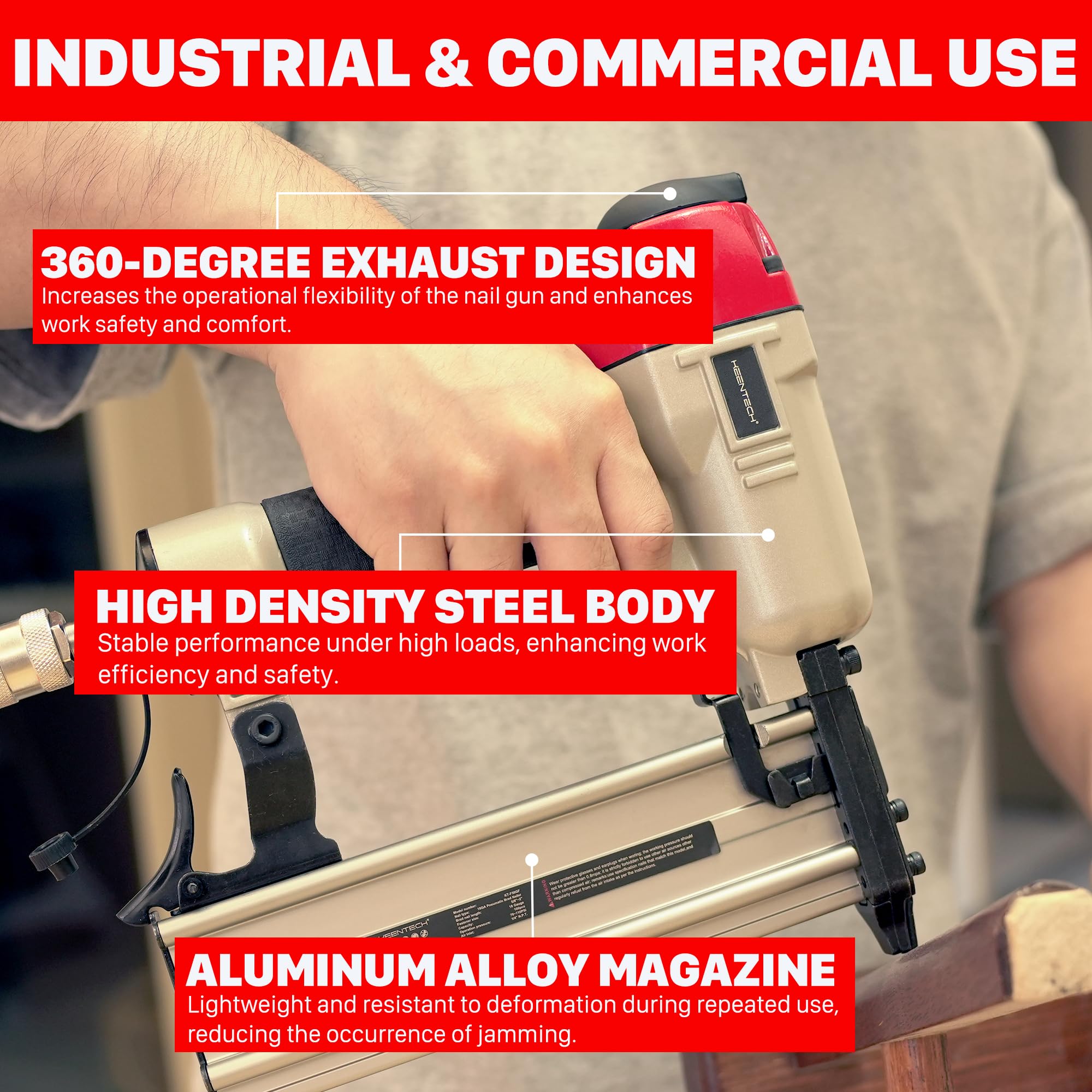KEENTECH 18 Gauge Pneumatic Brad Nailer Kit - Aluminum Open Magazine Design for 5/8