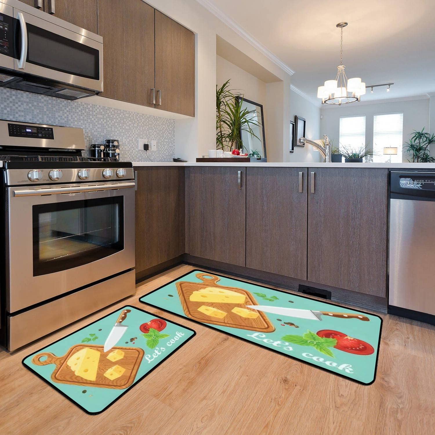 Non-Slip Washable Kitchen Rugs Set - Cheese Cutting Board & Knife Design Floor Mat, Anti-Fatigue Standing Mat for Cooking, Decor - Perfect for Kitchens, Entryways & Bathrooms