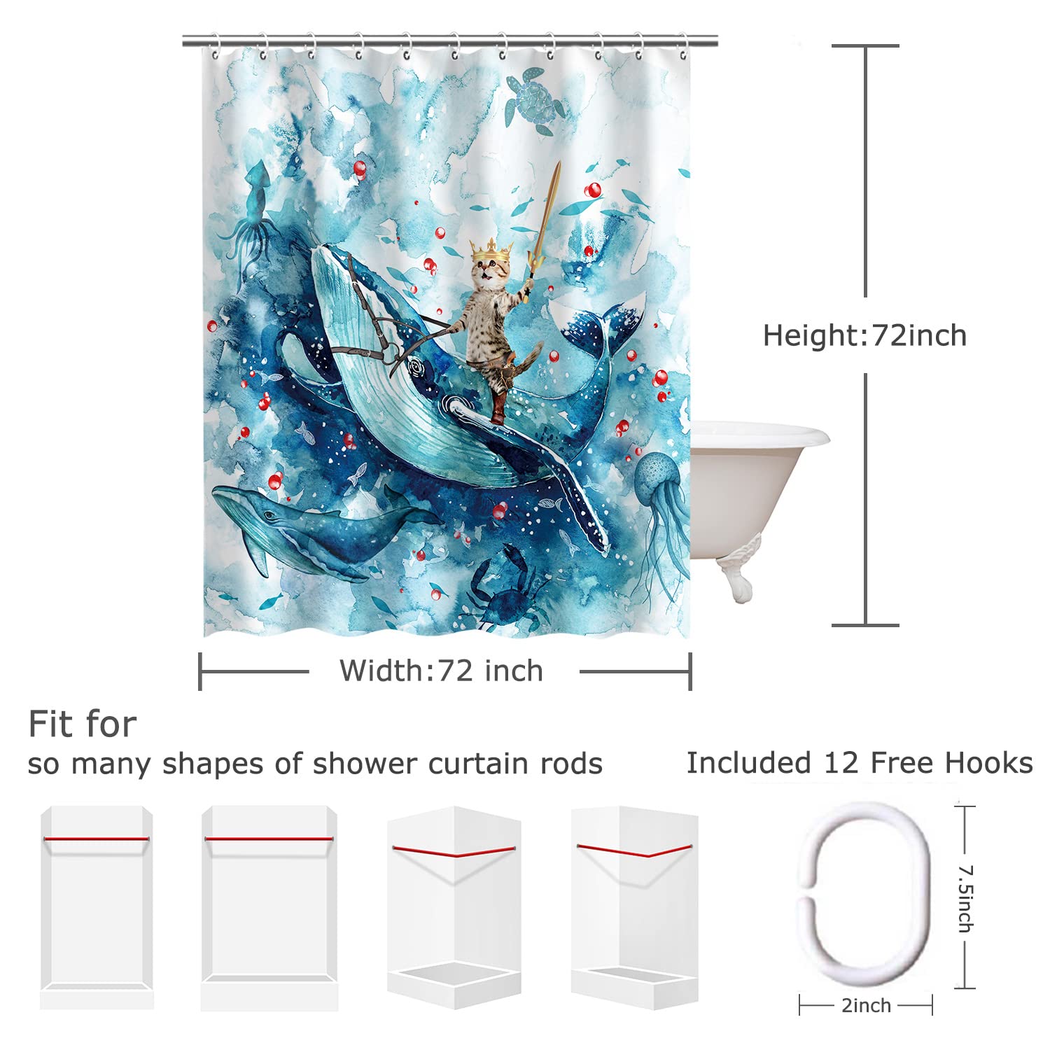 RosieLily Funny Cat Shower Curtain Set - Blue Ocean Themed Bathroom Decor with 12 Hooks (72x72 Inches) - Perfect for Kids' Bathrooms & Coastal Style Home Decor
