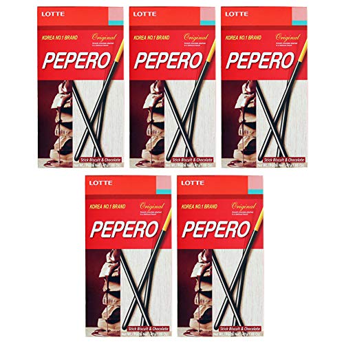 Lotte Pepero Chocolate Sticks - Korean Snack Cookies (5 Pack) | Crunchy Chocolate Coated Biscuit Treats for Parties, Gifts & Office Snacks