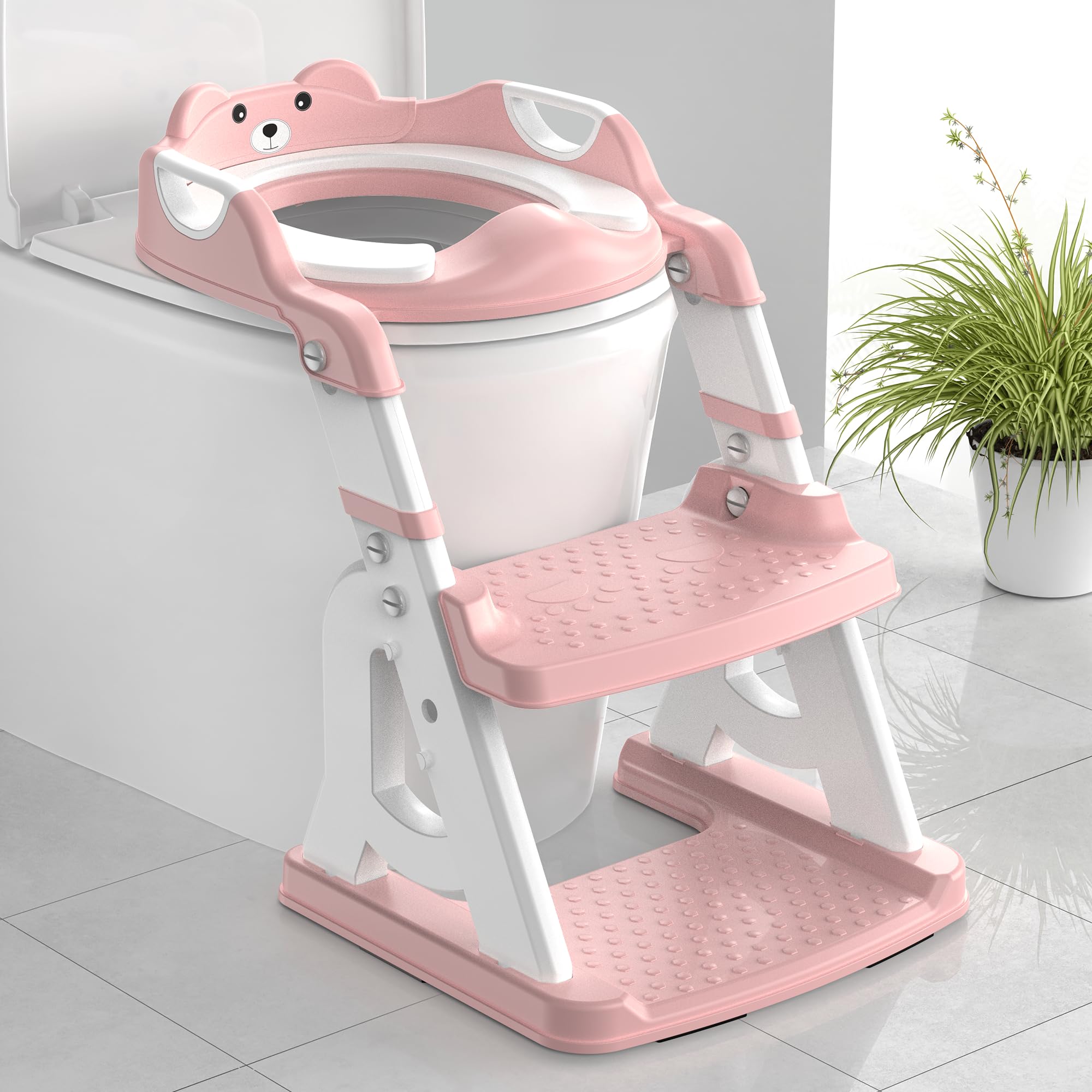 2 in 1 Potty Training Seat for Toddlers - Adjustable Toilet Trainer with Splash Guard, Anti-Slip Pad & Step Stool for Boys & Girls (Pink) | Easy Transition from Diapers to Potty for Home & Travel Use