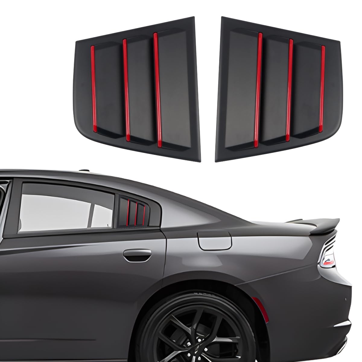 Dodge Charger 2011-2023 Rear Side Window Louvers - Sporty Air Vent Scoop Shades Cover Trim Blinds (2PCS, Black with Red) | Exterior Accessories for Enhanced Style & Sun Protection | Perfect for Car Shows & Daily Driving