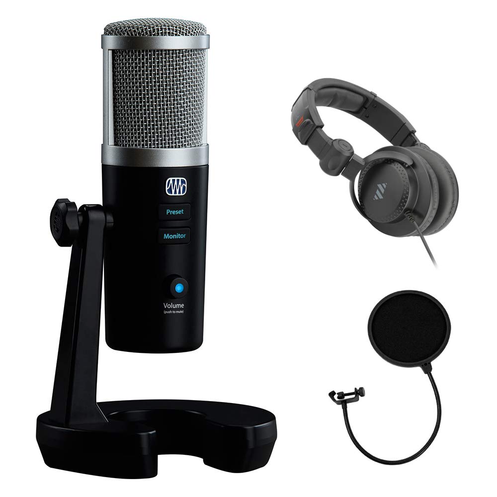 PreSonus Revelator USB Microphone with Studio-Grade Vocal Processing Bundle - Includes Polsen Studio Headphones & Pop Filter for Podcasting, Streaming & Home Recording