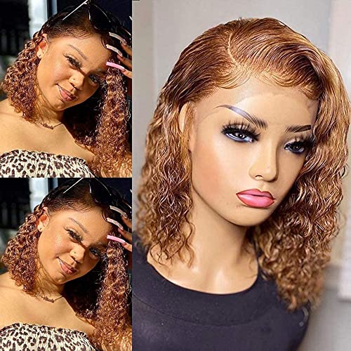 YGQWD 14 Inch Short Curly Wave Human Hair Lace Front Bob Wig - Brazilian Virgin Hair with Baby Hair & Pre-Plucked Hairline for Black Women - Honey Blonde Brown Color 150% Density | Perfect for Daily Wear, Cosplay, Parties & Special Occasions