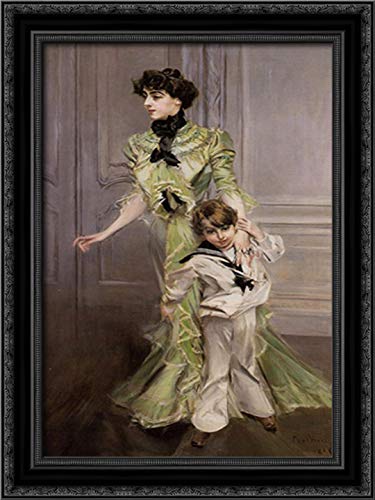 Giovanni Boldini Portrait of Madame Georges Hugo and Her Son Jean - 18x24 Black Ornate Wood Framed Canvas Art - Elegant Wall Decor for Living Room, Bedroom, or Office