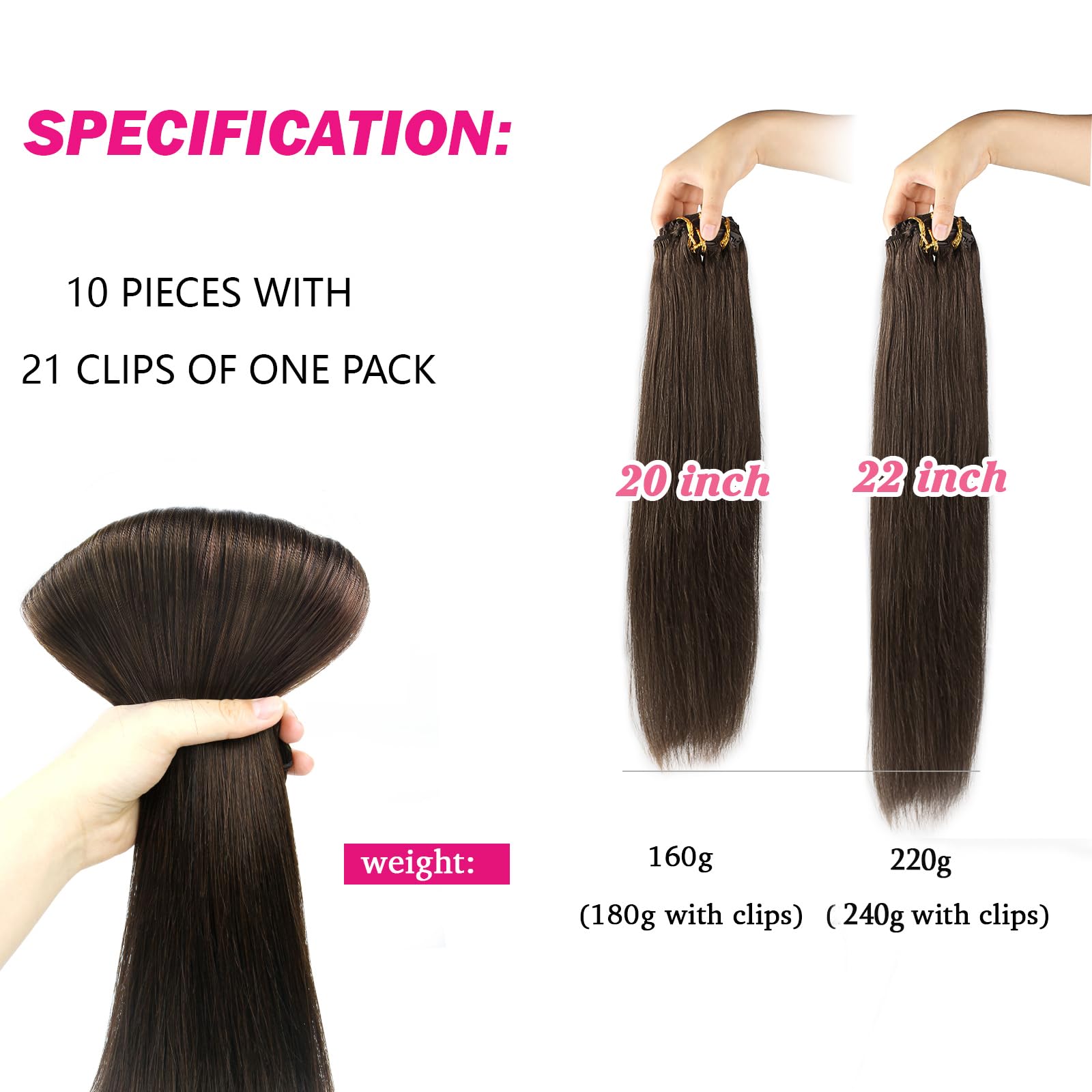 SixStar Clip In Hair Extensions 20 Inch Dark Brown - 180g Remy Human Hair Weft, Silky Straight Clip On Hair Extensions for Length & Volume | Perfect for Parties, Weddings & Everyday Styling